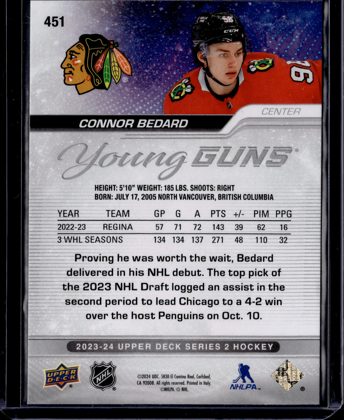 2023 Upper Deck Series 2 Hockey Connor Bedard #451 Young Guns
