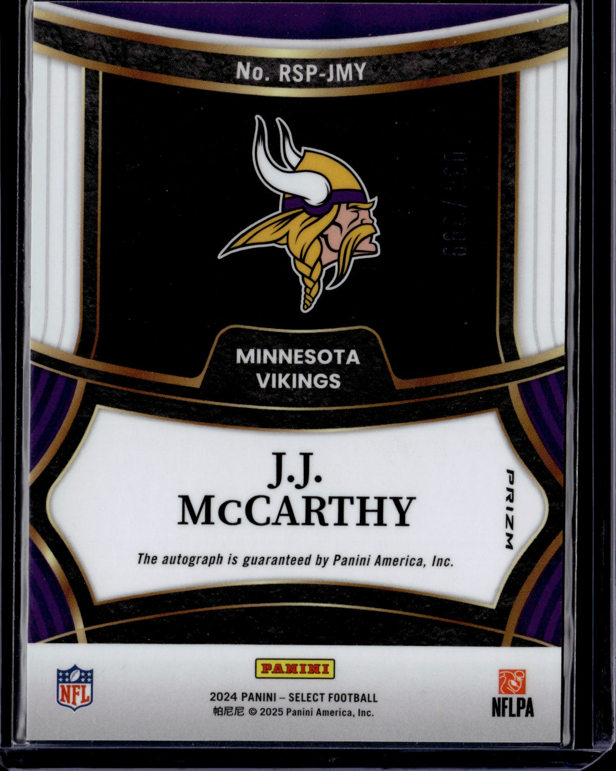 2025 Panini Select J.J. McCarthy Auto /399 #RSP-JMY RC