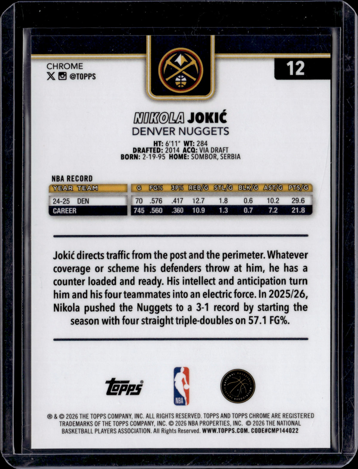 2026 Topps Chrome Nikola Jokić #12 Gold Wave Refractor /50