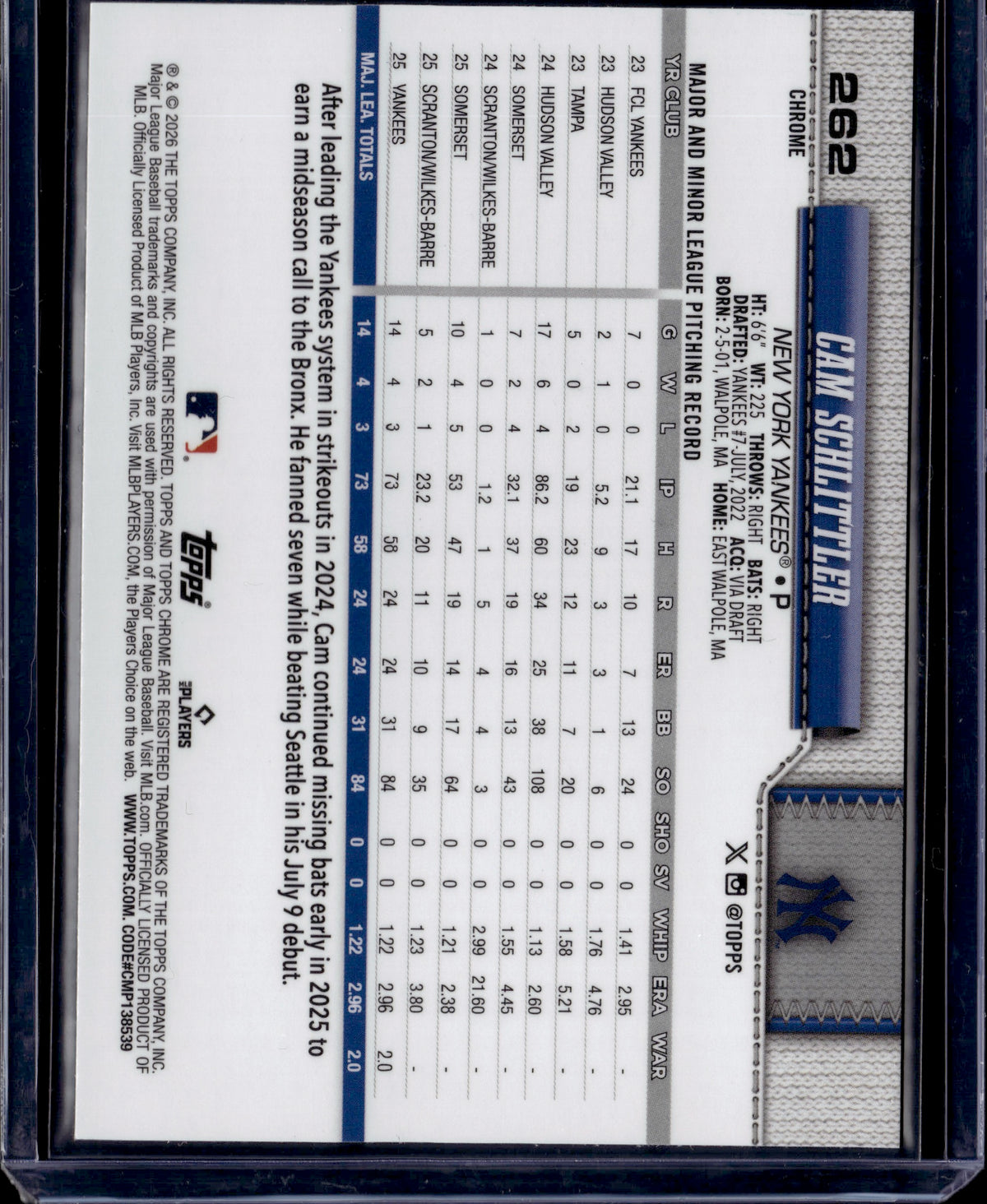 2025 Topps Chrome Cam Schlittler #262 Aqua /199 RC