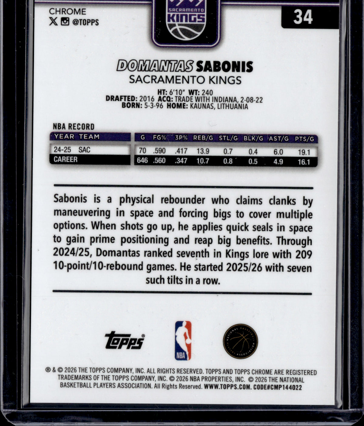 2026 Topps Chrome Domantas Sabonis #34 05/10