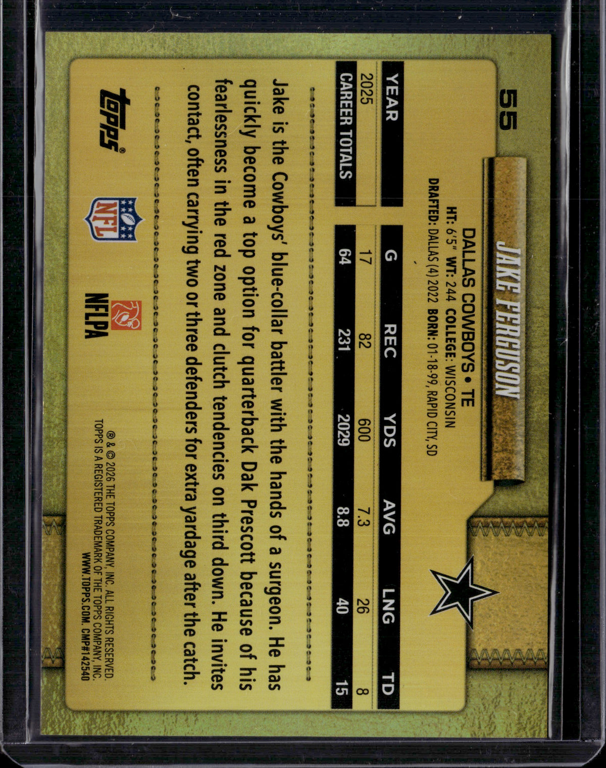 2026 Topps Football Jake Ferguson Gold Mirror SSP #55