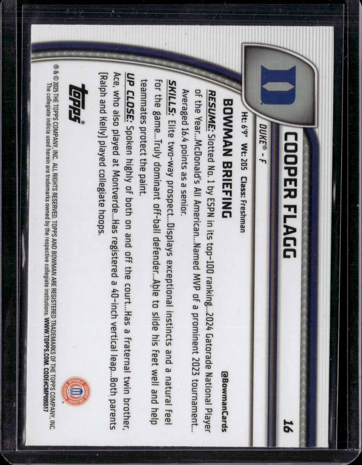 2025 Bowman University Chrome Basketball Cooper Flagg #16 Purple Refractor /399