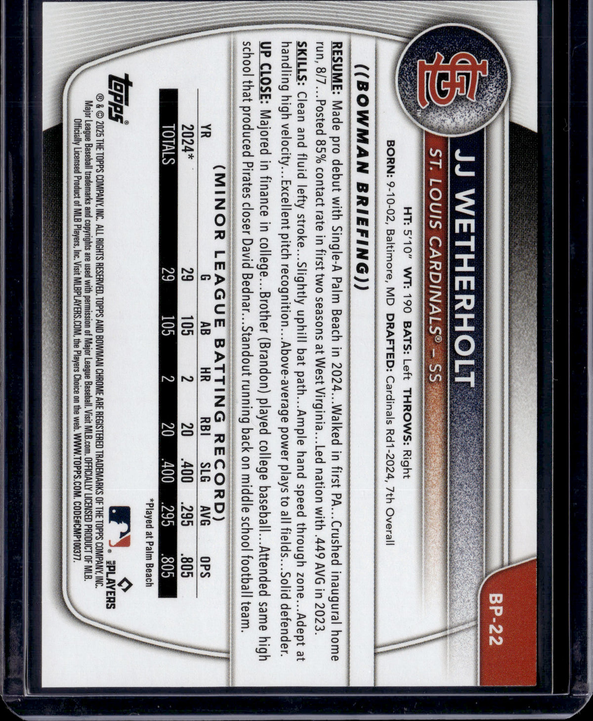 2025 Bowman JJ Wetherholt #BP-22 Sky Blue /499