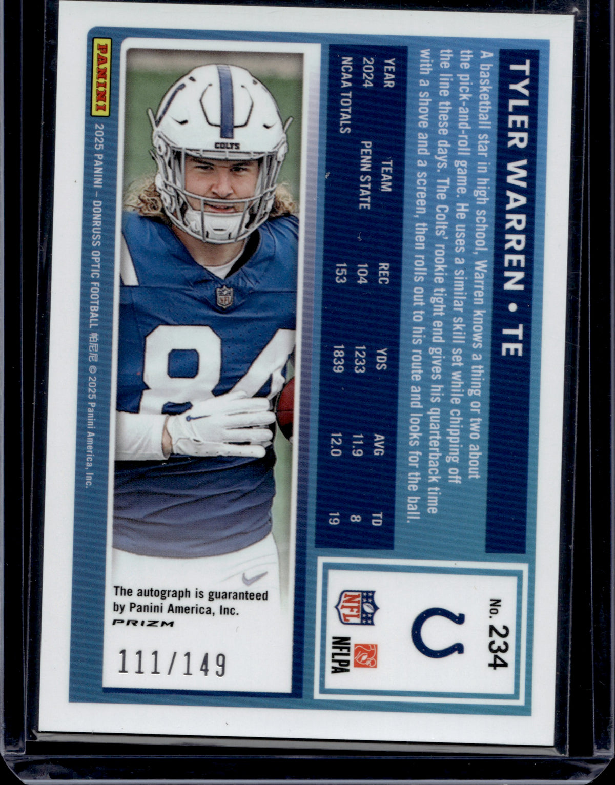 2025 Panini Donruss Optic Football Tyler Warren #234 Blue Auto /149