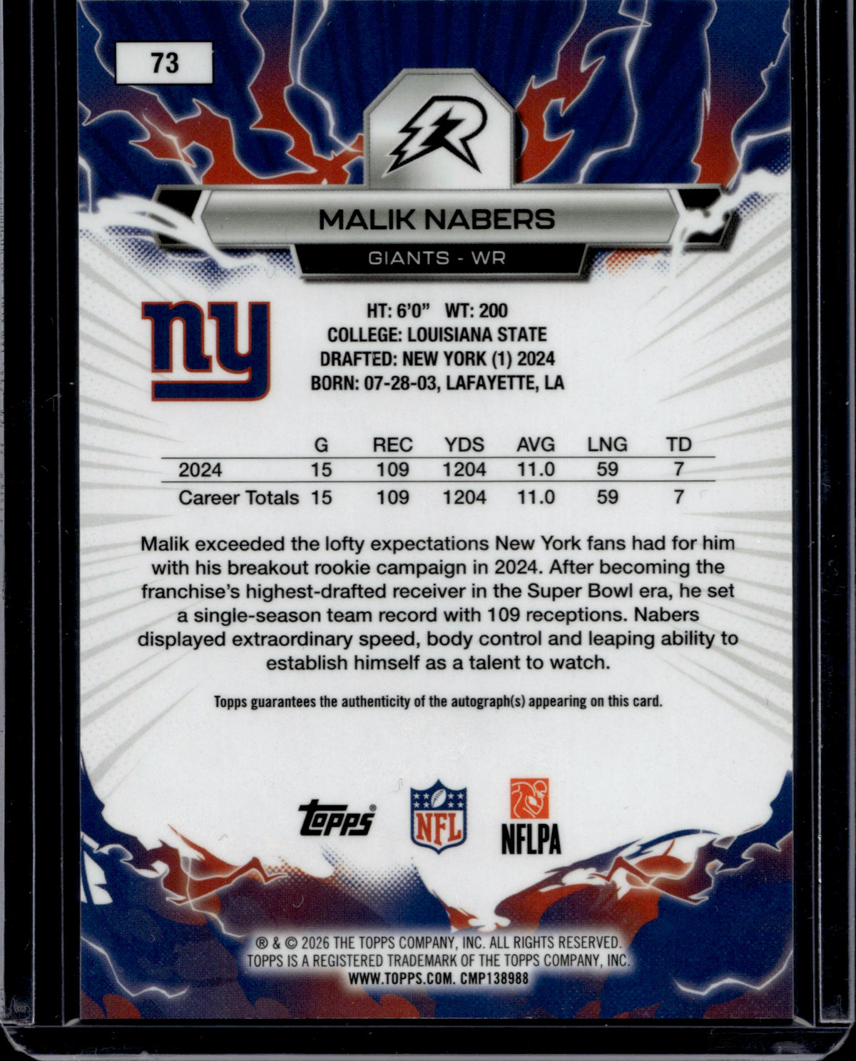 2026 Topps Rip Football Malik Nabers #73 Red Auto /5