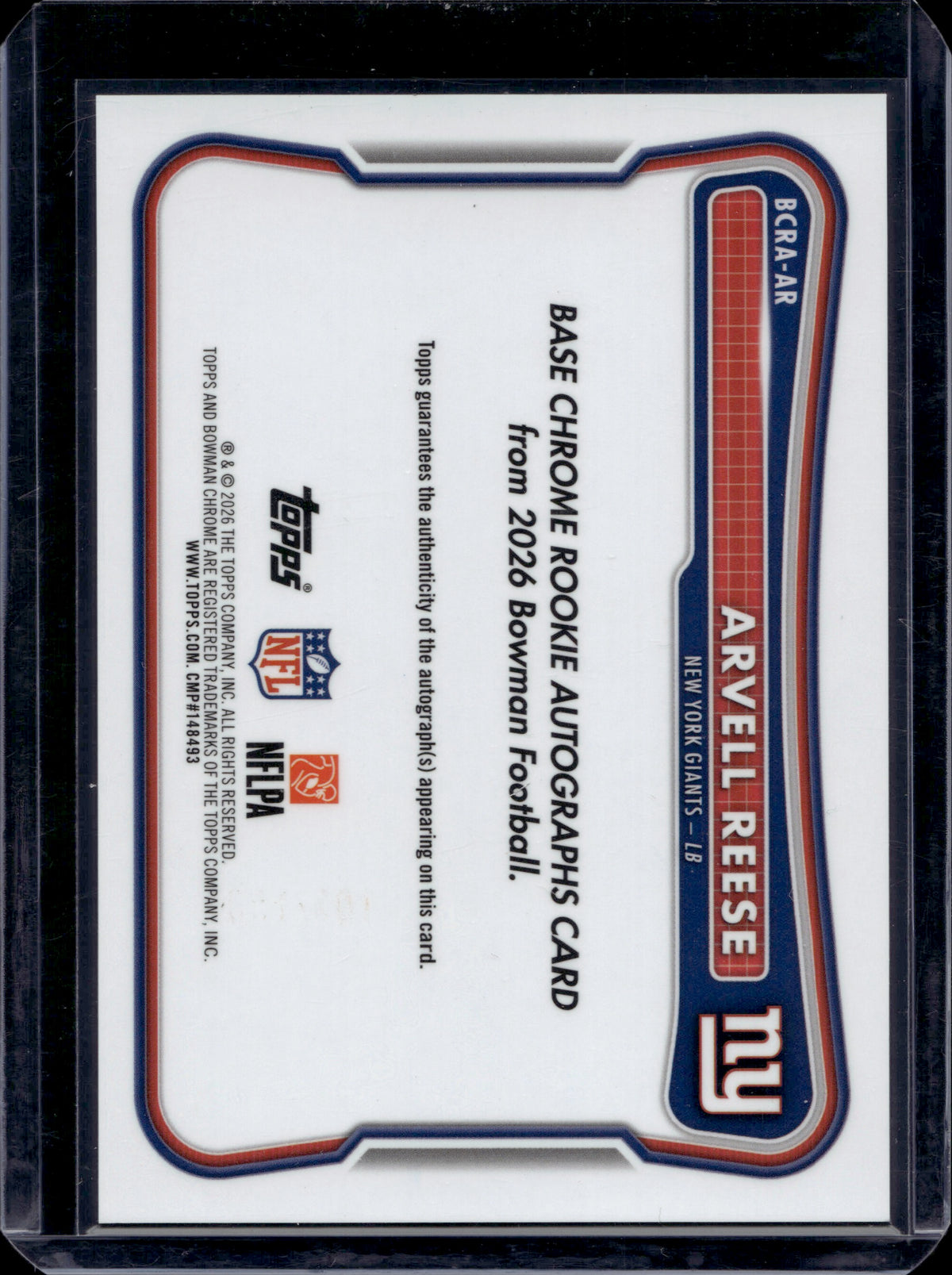 2026 Bowman Chrome Football Arvell Reese #BCRA-AR Blue Auto /150 RC
