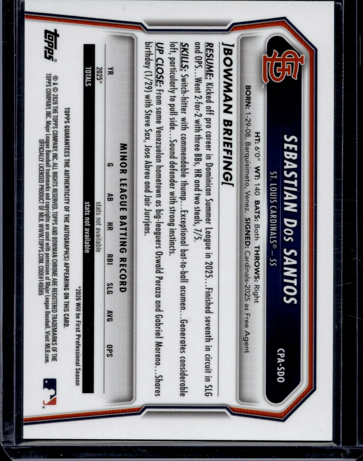 2026 Topps Bowman Chrome Sebastian Dos Santos #CPA-SDO Auto /199