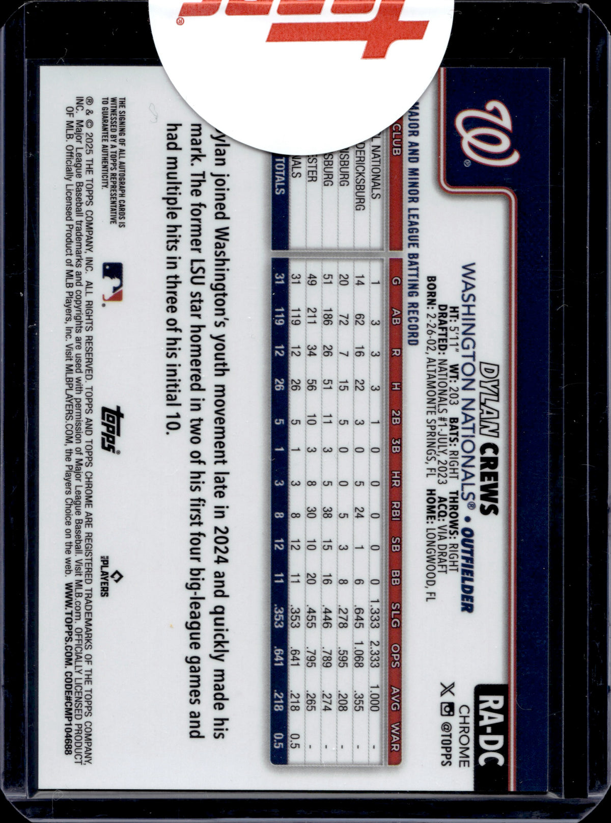 2025 Topps Chrome Dylan Crews #RA-DC Gold Auto /50 RC