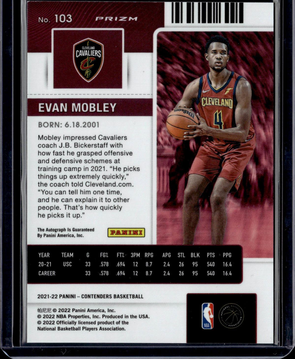 2022 Panini Contenders Basketball Evan Mobley Auto #103 Prizm RC
