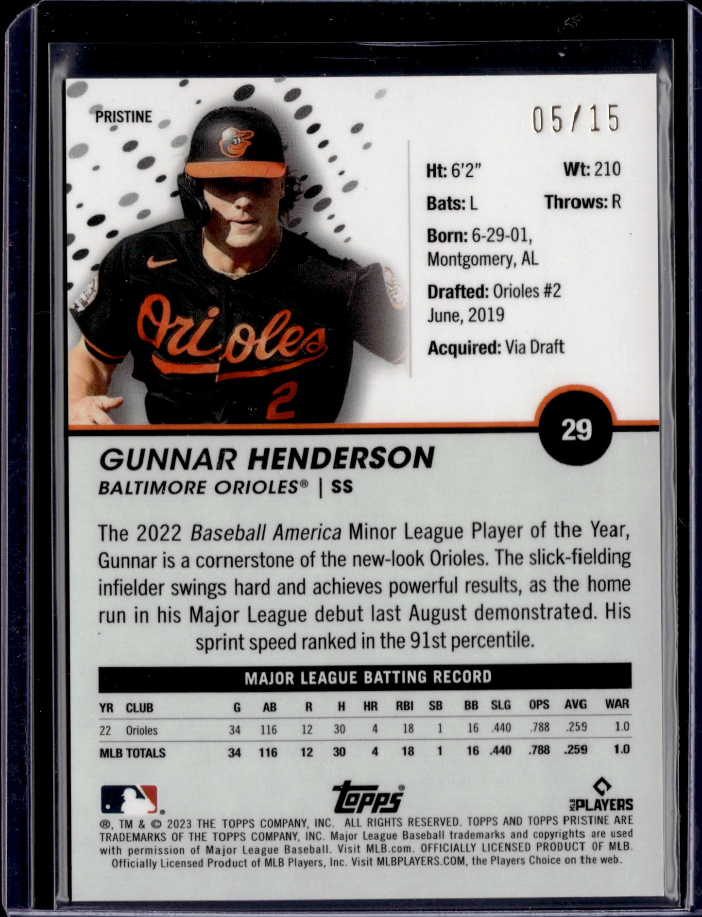 2023 Topps Pristine Gunnar Henderson #29 Pink Refractor RC 05/15