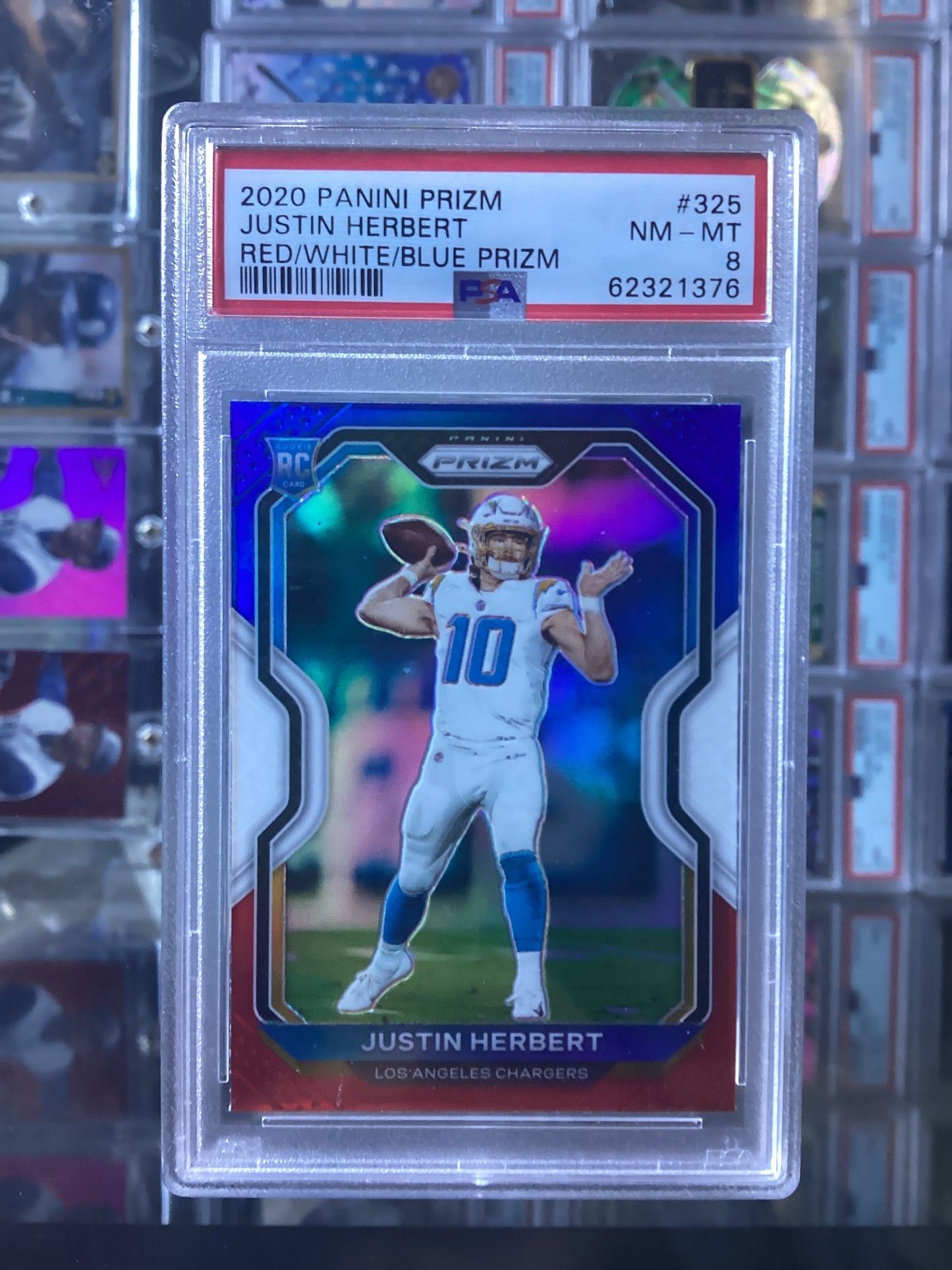 2020 Panini Prizm Justin Herbert #325 Red White Blue Prizm PSA 8