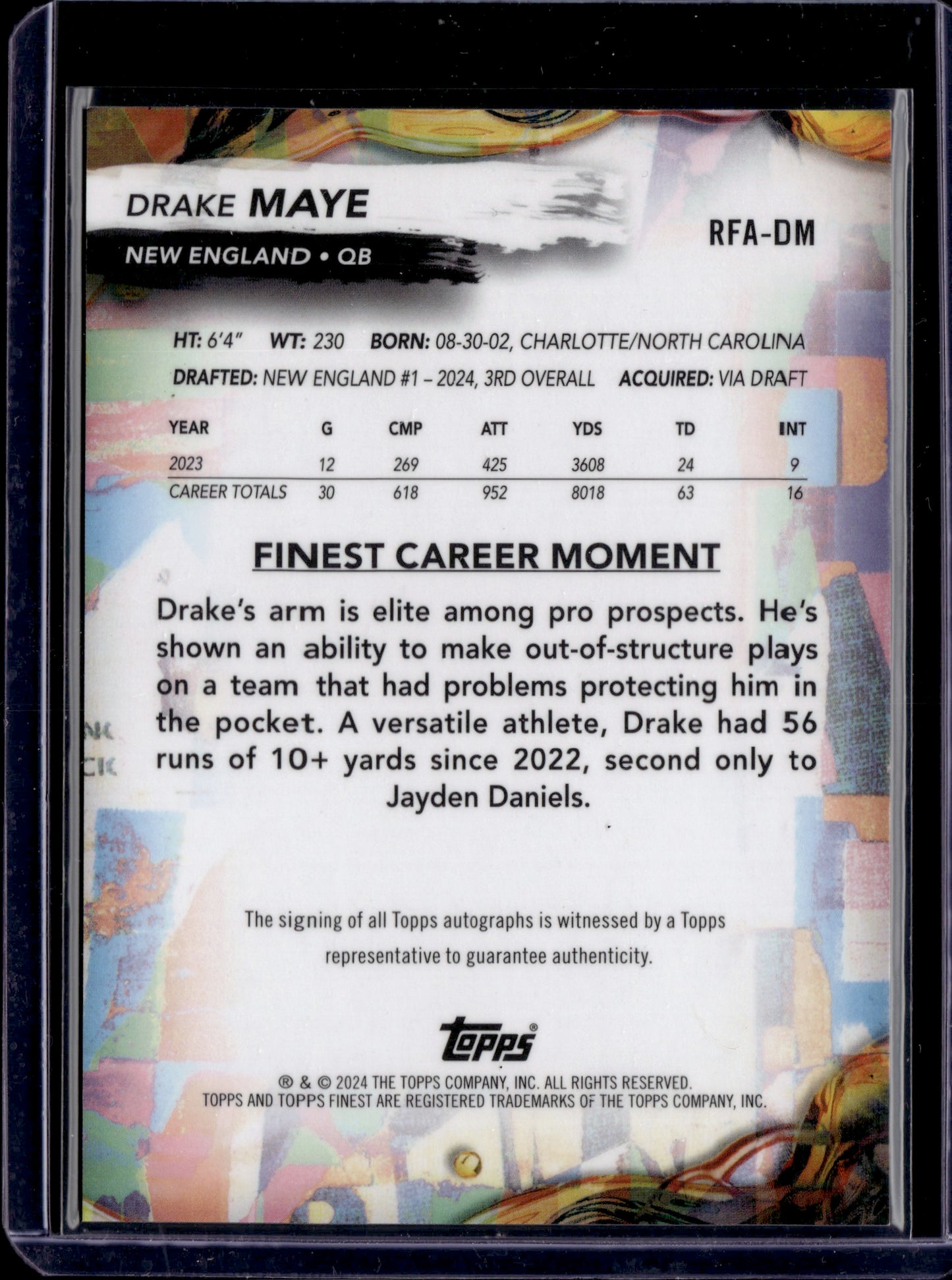 2024 Topps Finest Drake Maye #RFA-DM Autograph RC