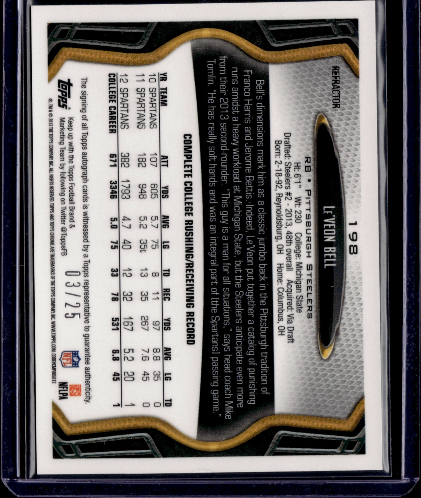 2013 Topps Chrome Le'Veon Bell Auto /25 Black #198 RC