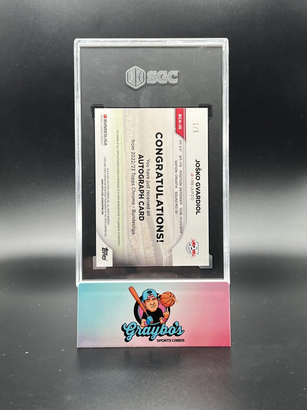 JOSKO GVARDIOL SGC 10 2022-23 TOPPS CHROME BUNDESLIGA RED REFRACTOR AUTO /5