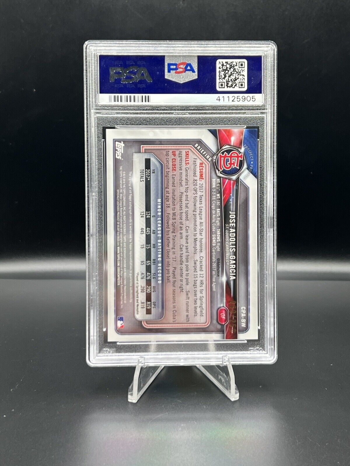 2018 Bowman Chrome 1st Adolis Garcia On Card Auto /250 Purple Ref PSA 10