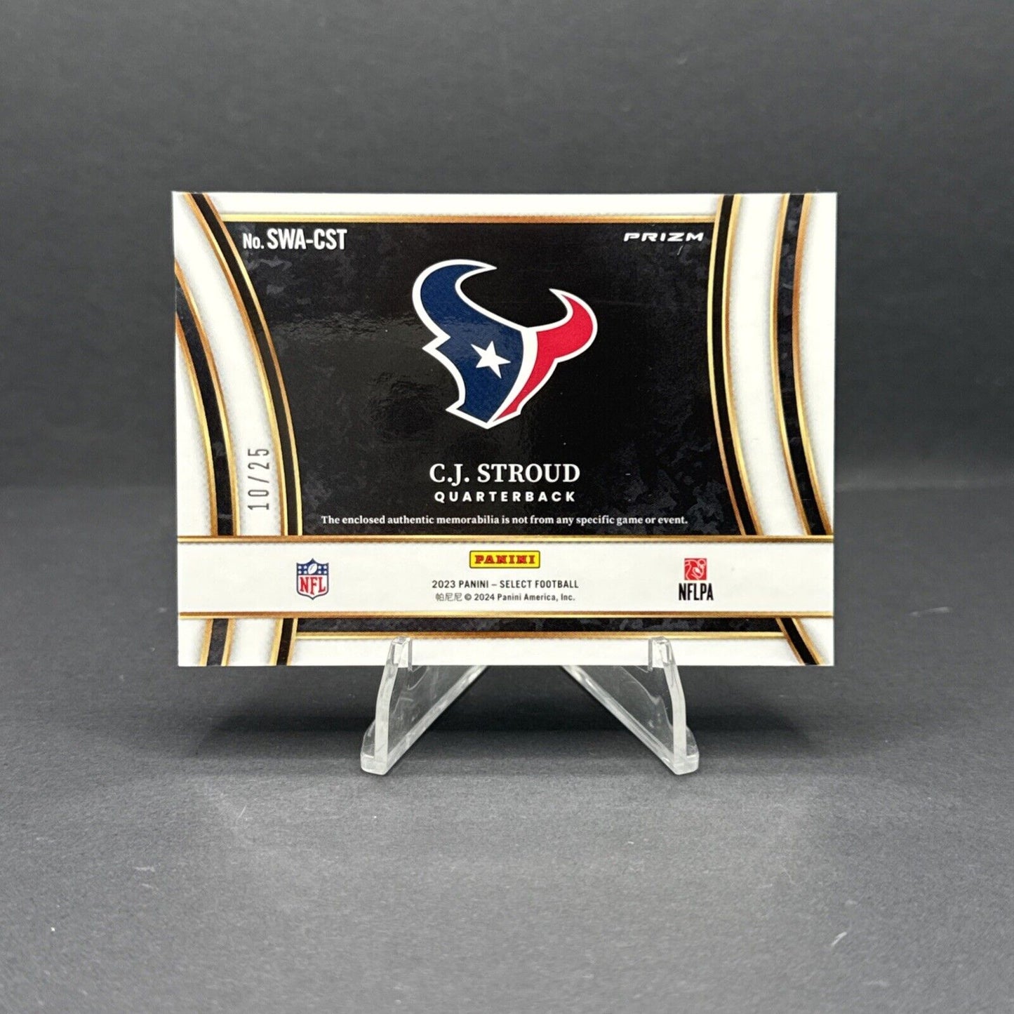 C.J. Stroud 2023 Panini Select #SWA-CST Jersey Patch Rookie Tie Dye Prizm /25