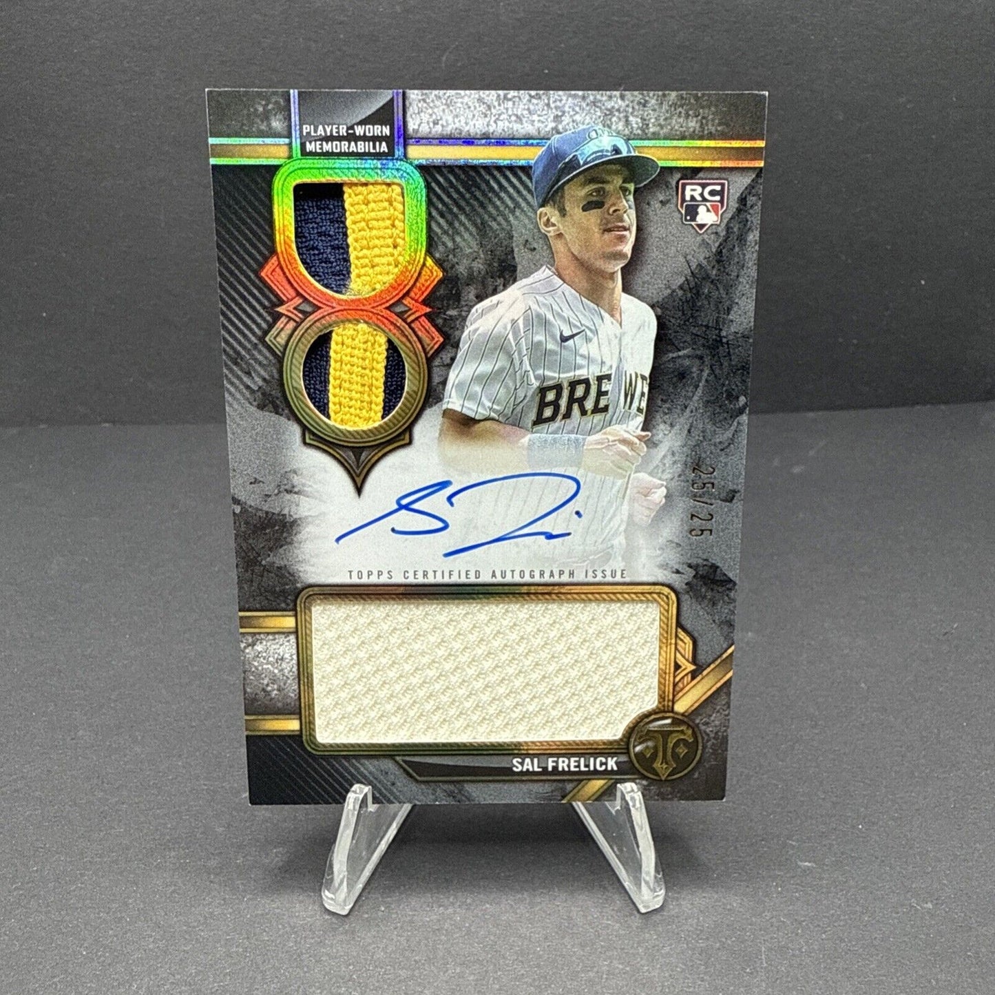 2024 Topps Triple Threads Sal Frelick SP Triple Patch Auto /25 #RAR-SF Brewers