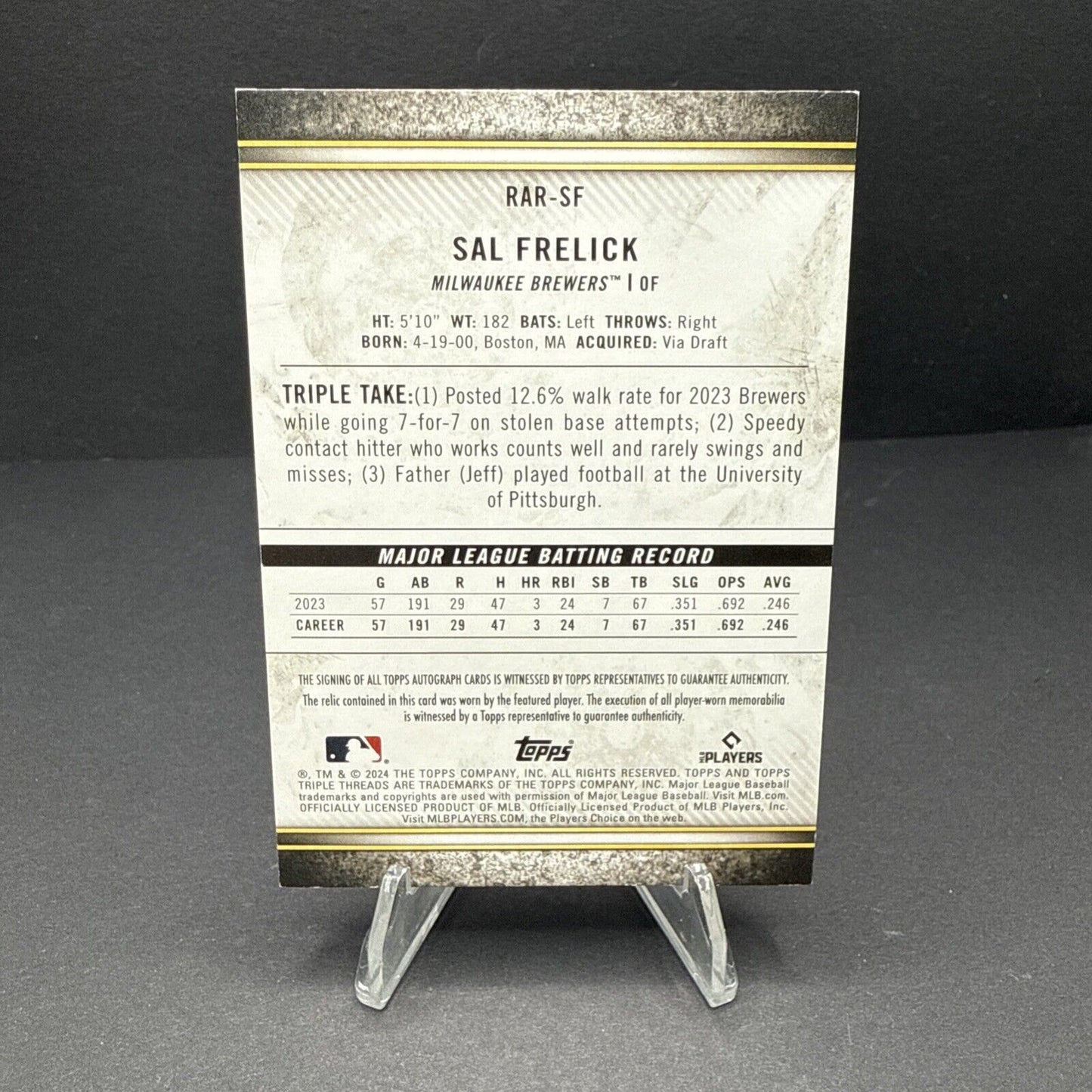 2024 Topps Triple Threads Sal Frelick SP Triple Patch Auto /25 #RAR-SF Brewers