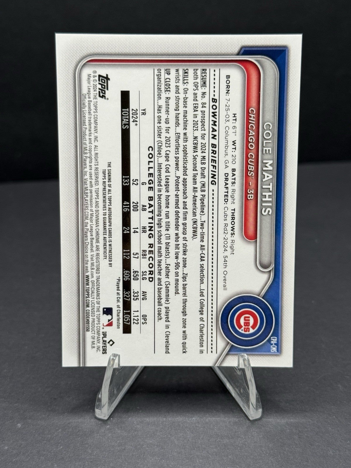 2024 Bowman Draft Sapphire Cole Mathis 1st GOLD Auto /50 Chicago Cubs