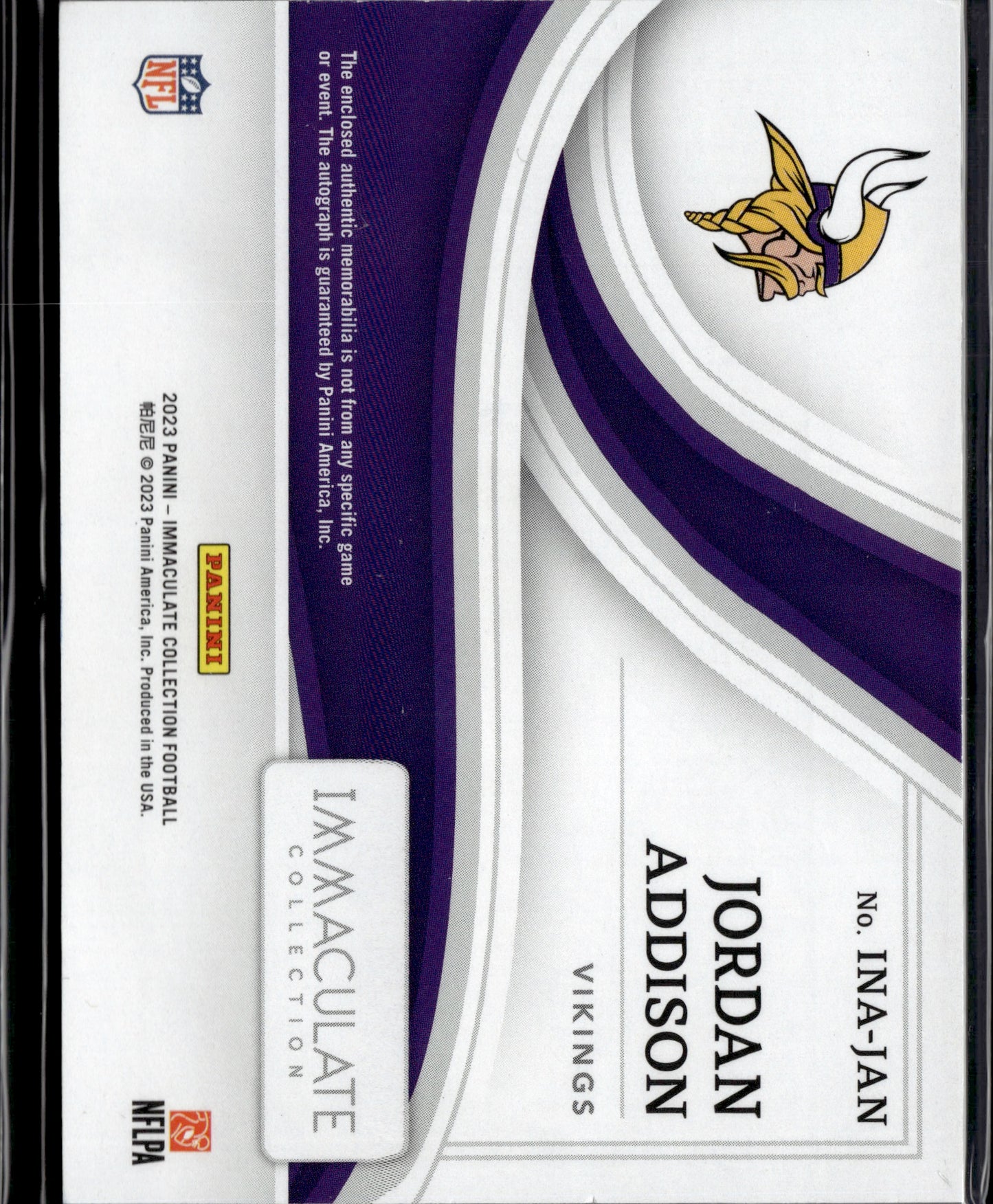 2023 Panini Immaculate Collection Jordan Addison Patch Auto #INA-JAN RC 2/3