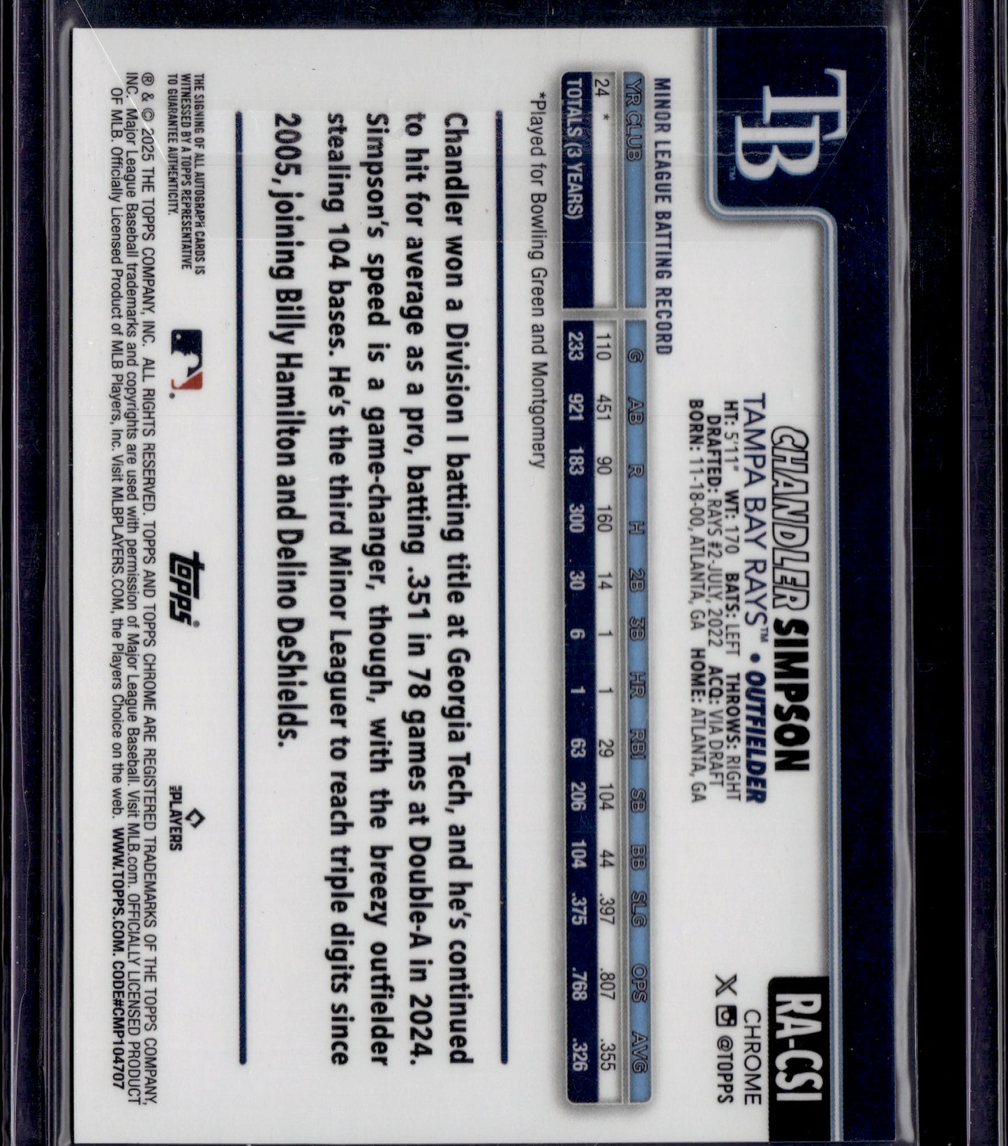 2025 Topps Chrome Chandler Simpson #RA-CSI Blue Autograph RC 149/150