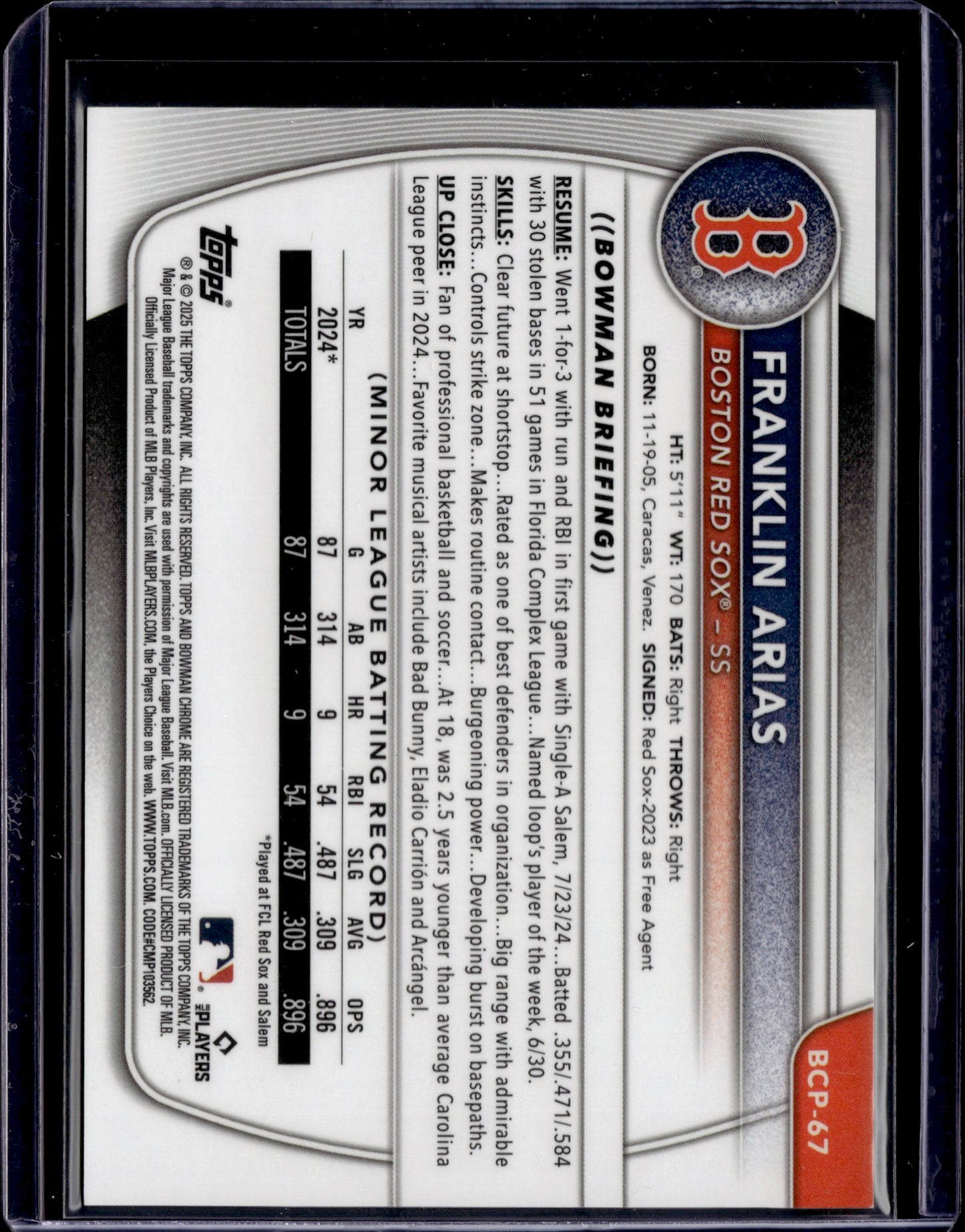 2025 Bowman Chrome Prospects Franklin Arias Black Refractor /10 SP 1st Bowman