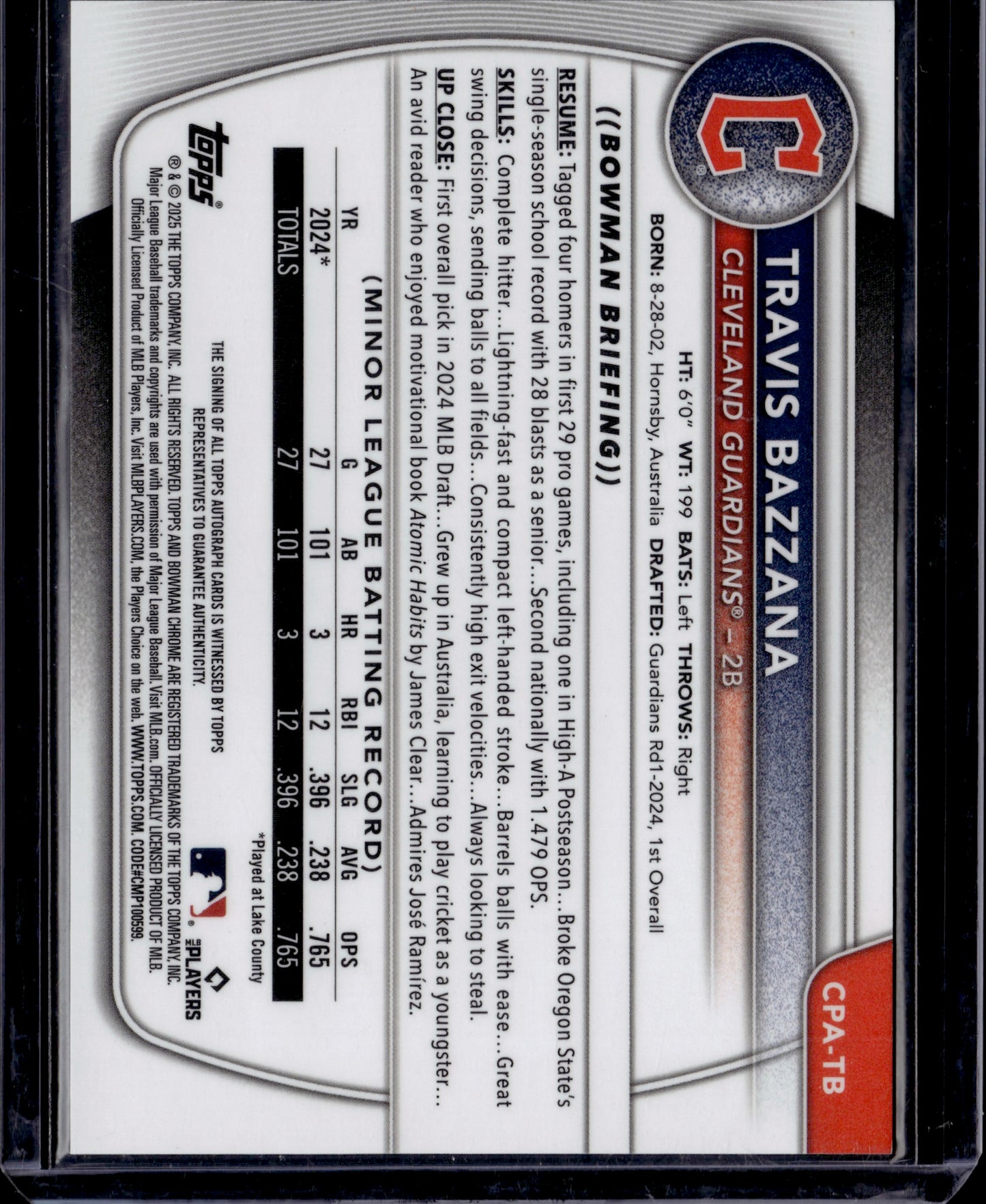 2025 Bowman Chrome Travis Bazzana #CPA-TB Gold Shimmer Refractor Auto 39/50