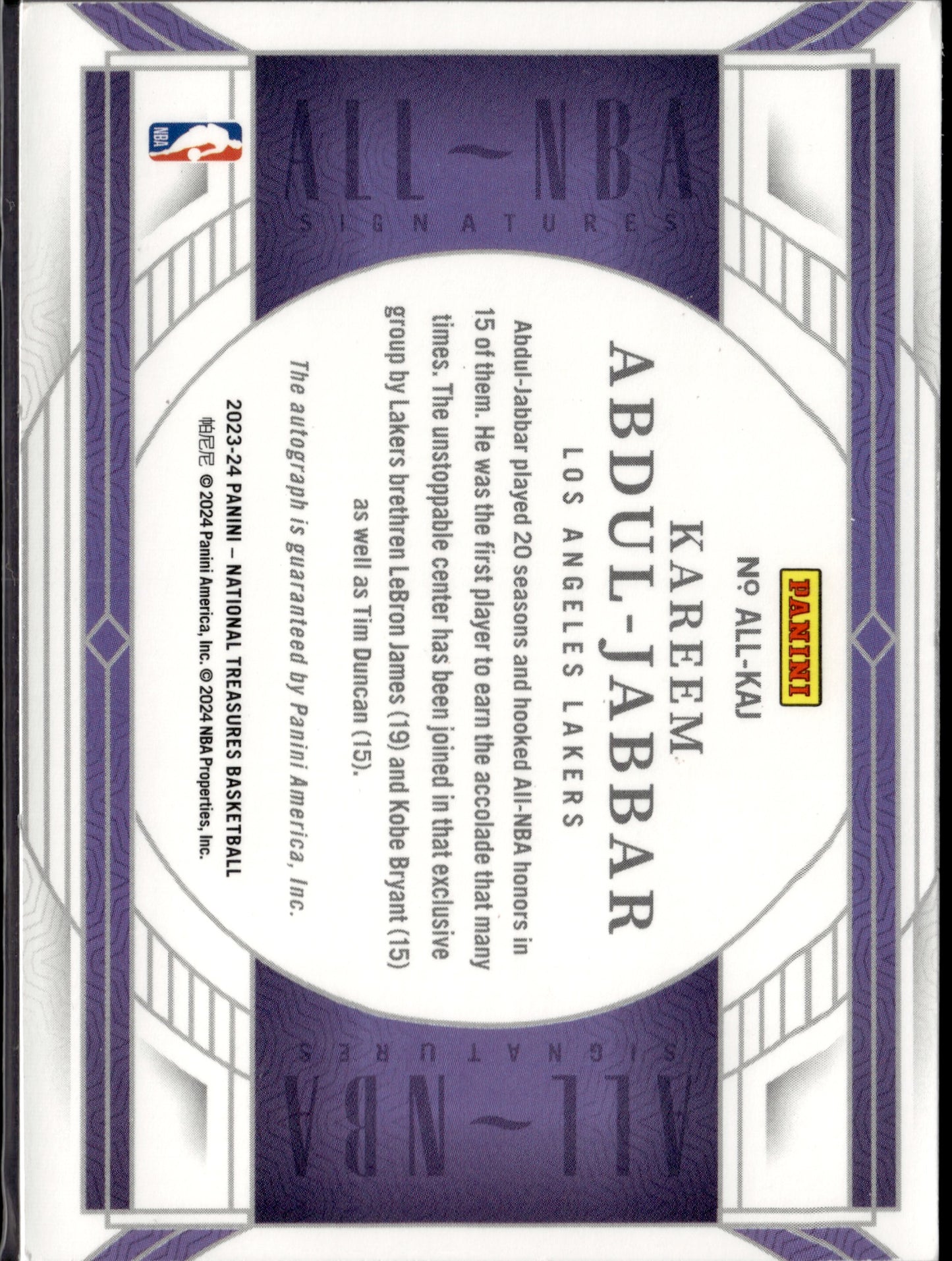 2024 Panini National Treasures All-NBA Signatures Kareem Abdul-Jabbar Auto 8/8