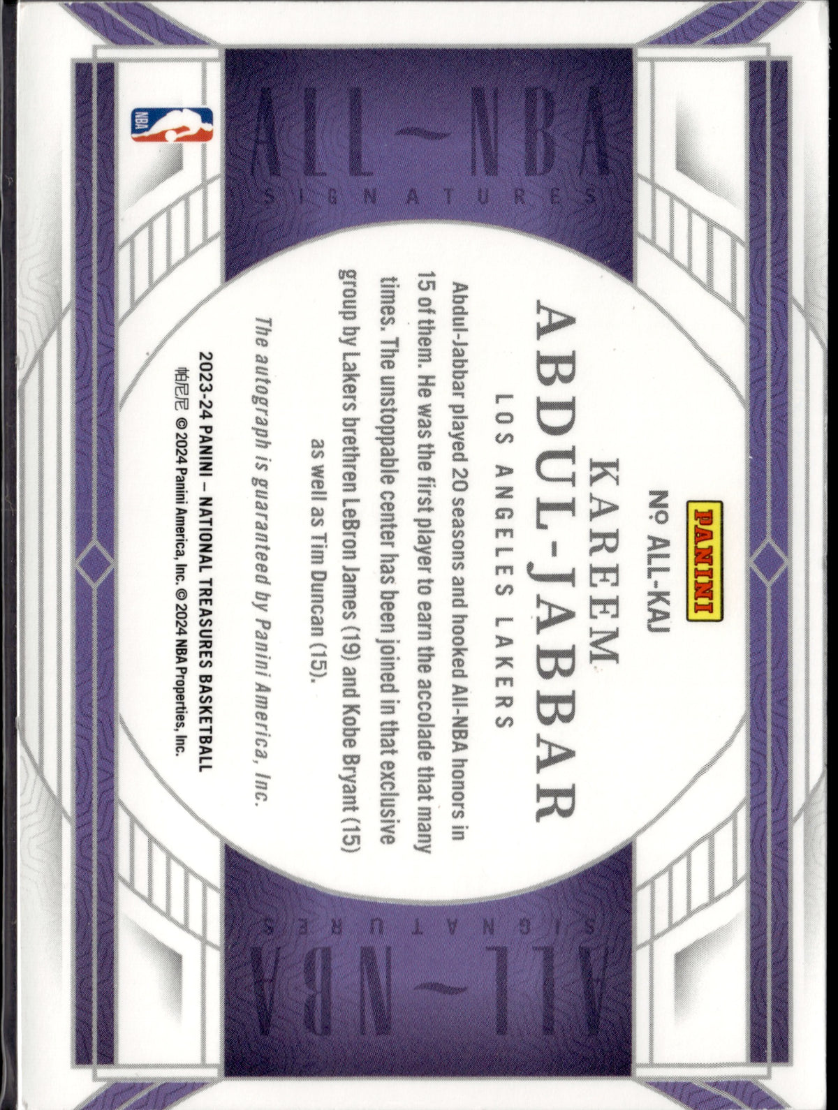 2024 Panini National Treasures All-NBA Signatures Kareem Abdul-Jabbar Auto 8/8
