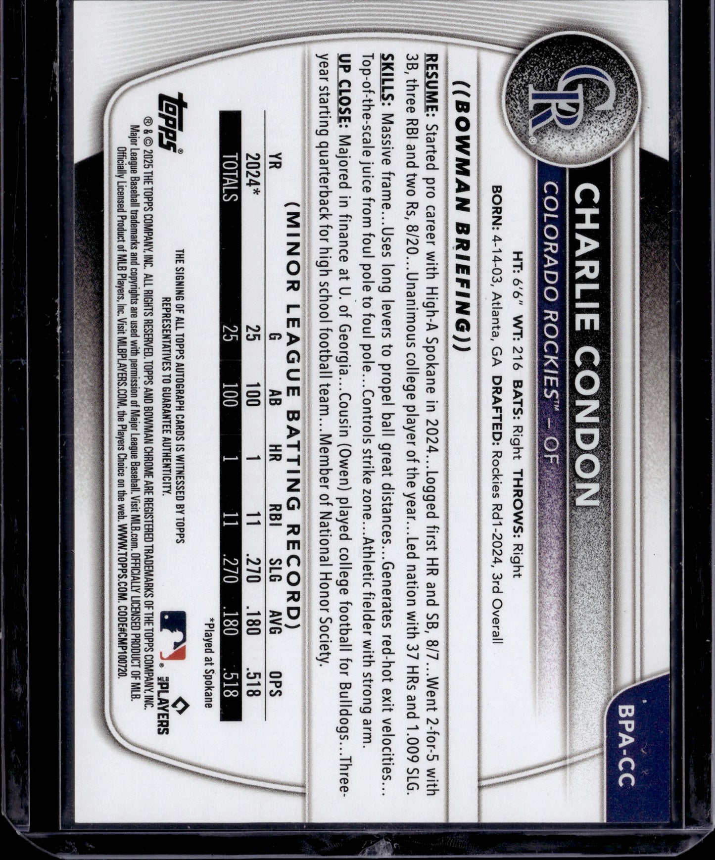 2025 Bowman Prospects 1st Charlie Condon #BPA-CC Autograph 1st Bowman
