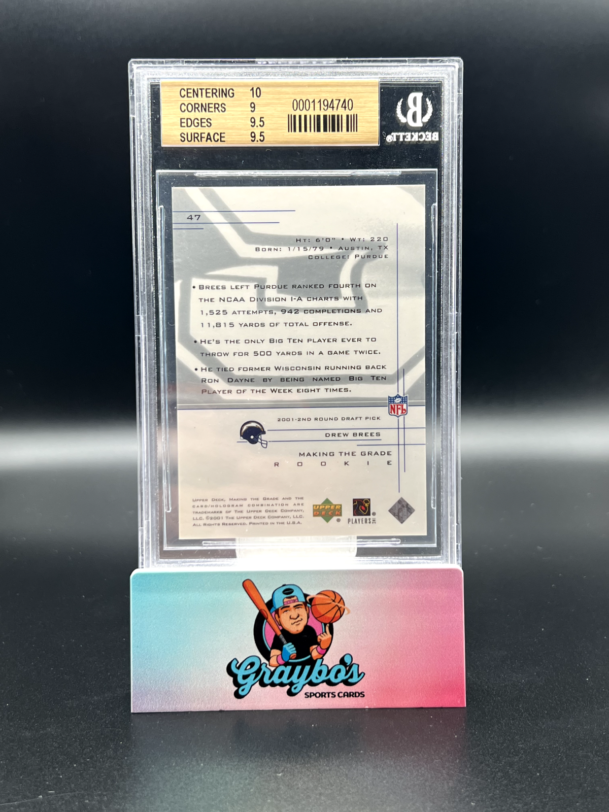 2001 UD Graded Rookie Series Drew Brees Portrait /500 #47 BGS 9.5