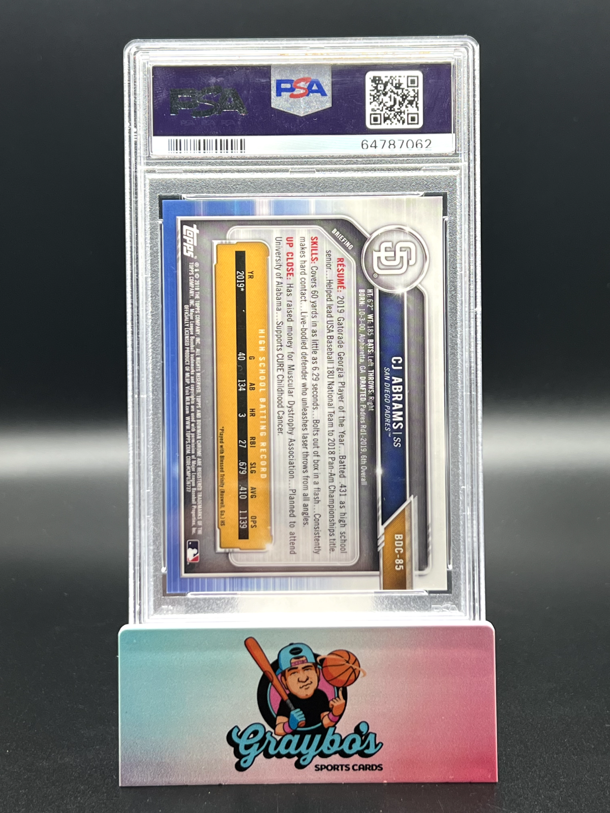 2019 Bowman Draft CJ Abrams Chrome-Fielding-Green Ref. /99 #BDC85 PSA 10