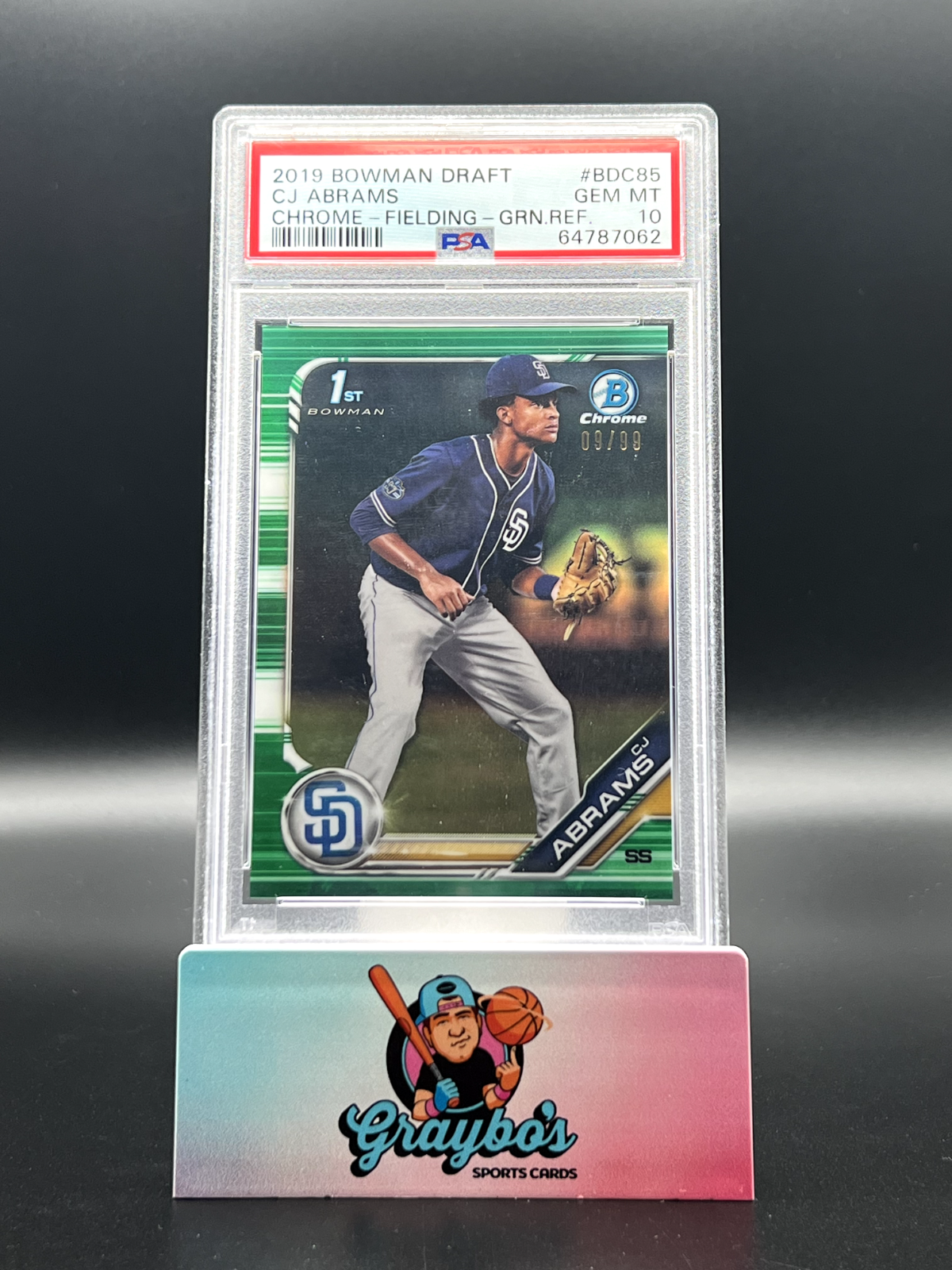 2019 Bowman Draft CJ Abrams Chrome-Fielding-Green Ref. /99 #BDC85 PSA 10