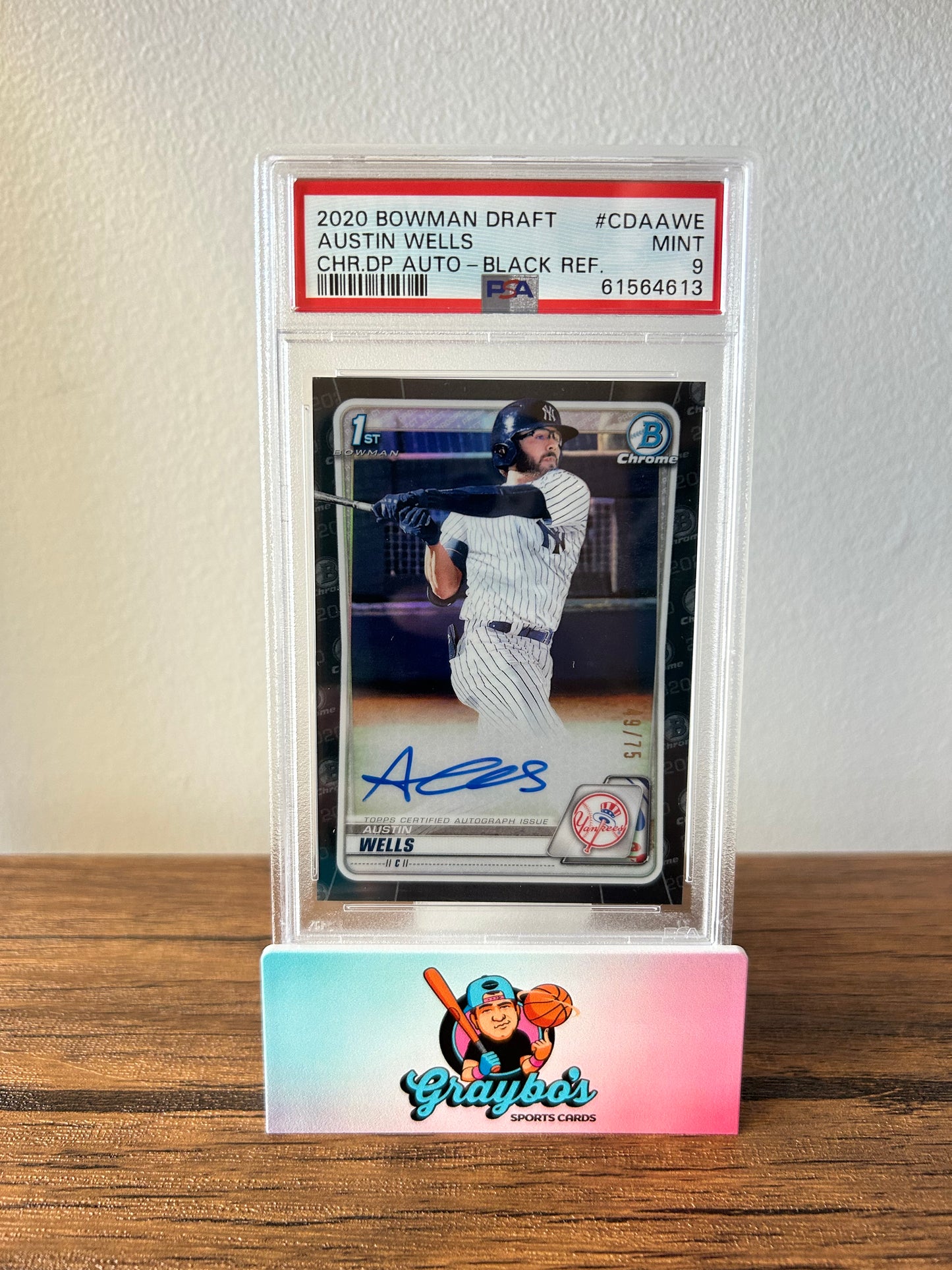 2020 Bowman Draft Austin Wells CHR.DP Auto-Black REF /75 #CDAAWE PSA 9