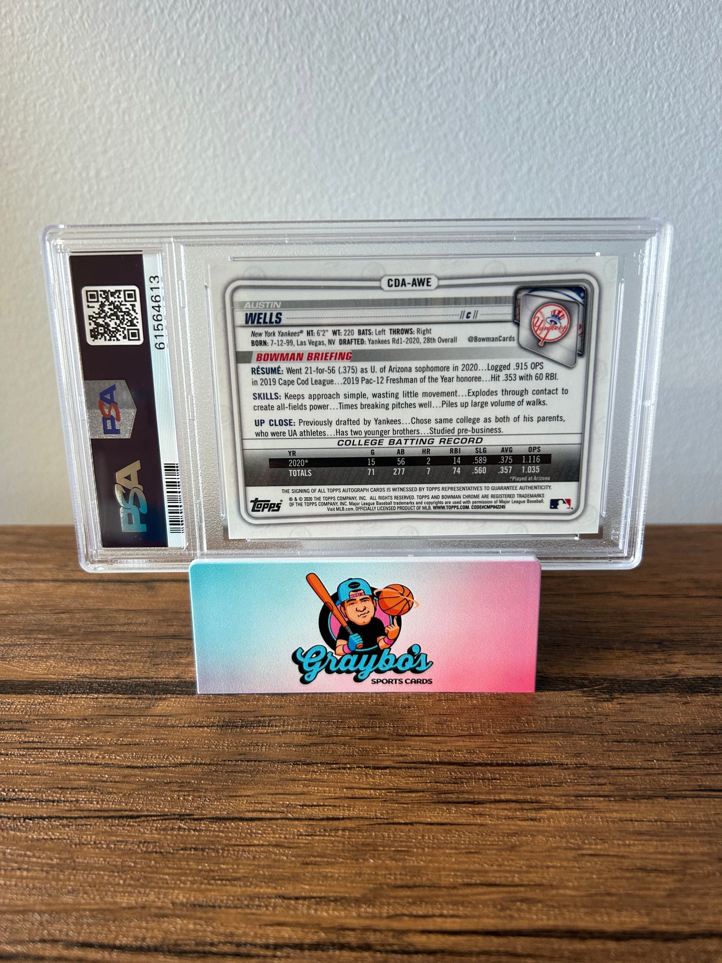 2020 Bowman Draft Austin Wells CHR.DP Auto-Black REF /75 #CDAAWE PSA 9