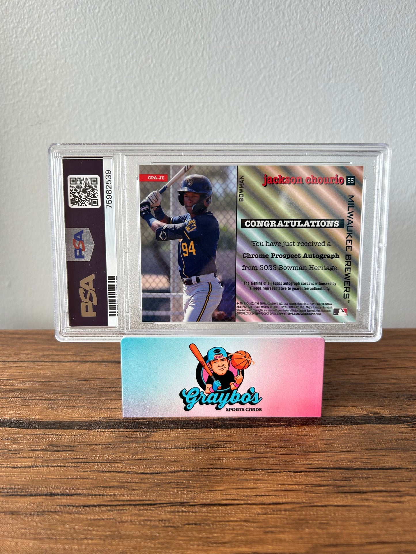2022 Bowman Heritage Jackson Chourio Auto Gold Ref. /50 #CPAJC PSA 10 AUTO 10