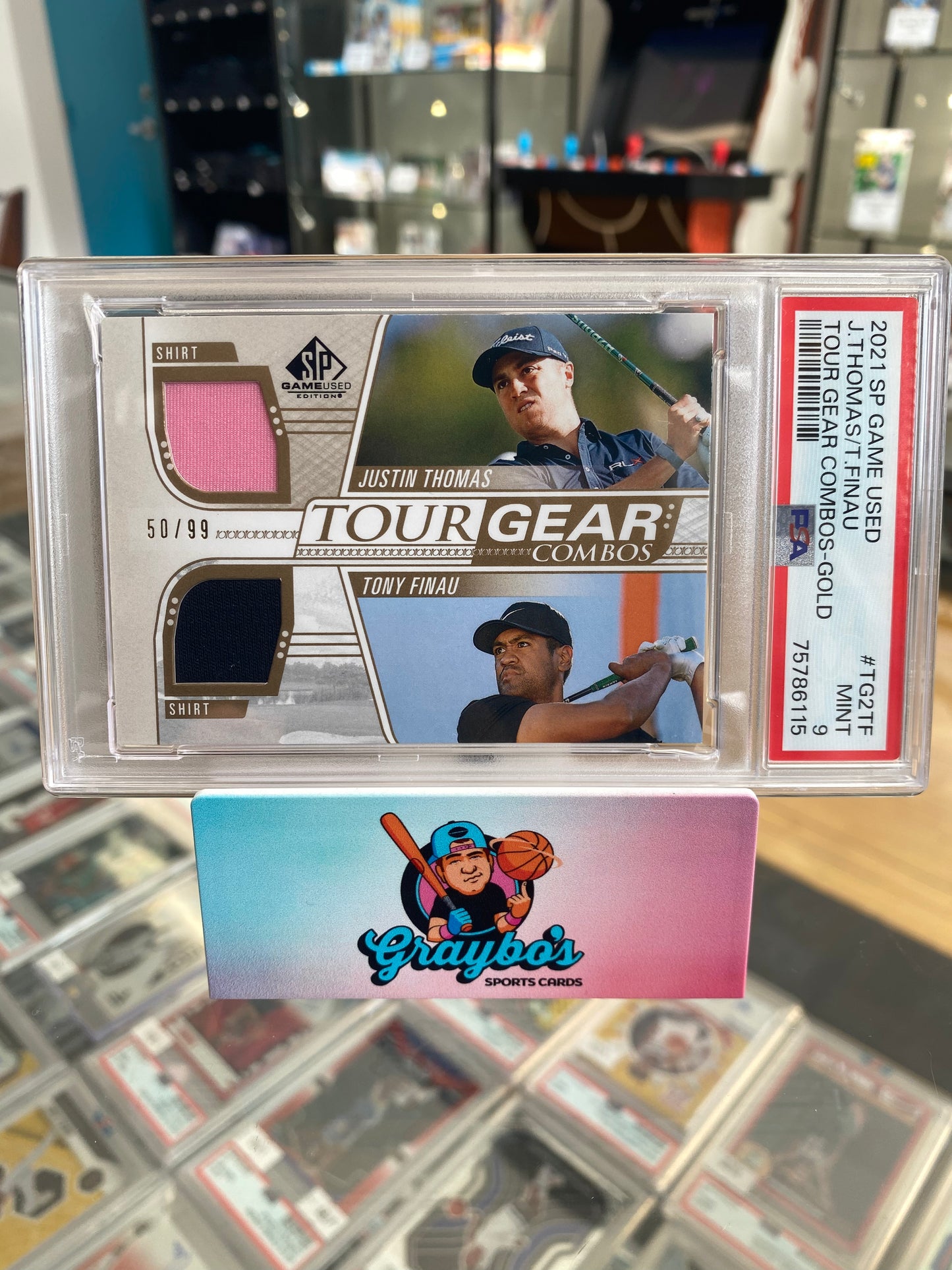 2021 SP Game Used Tour Gear Combos Gold Justin Thomas & Tony Finau /99 PSA 9