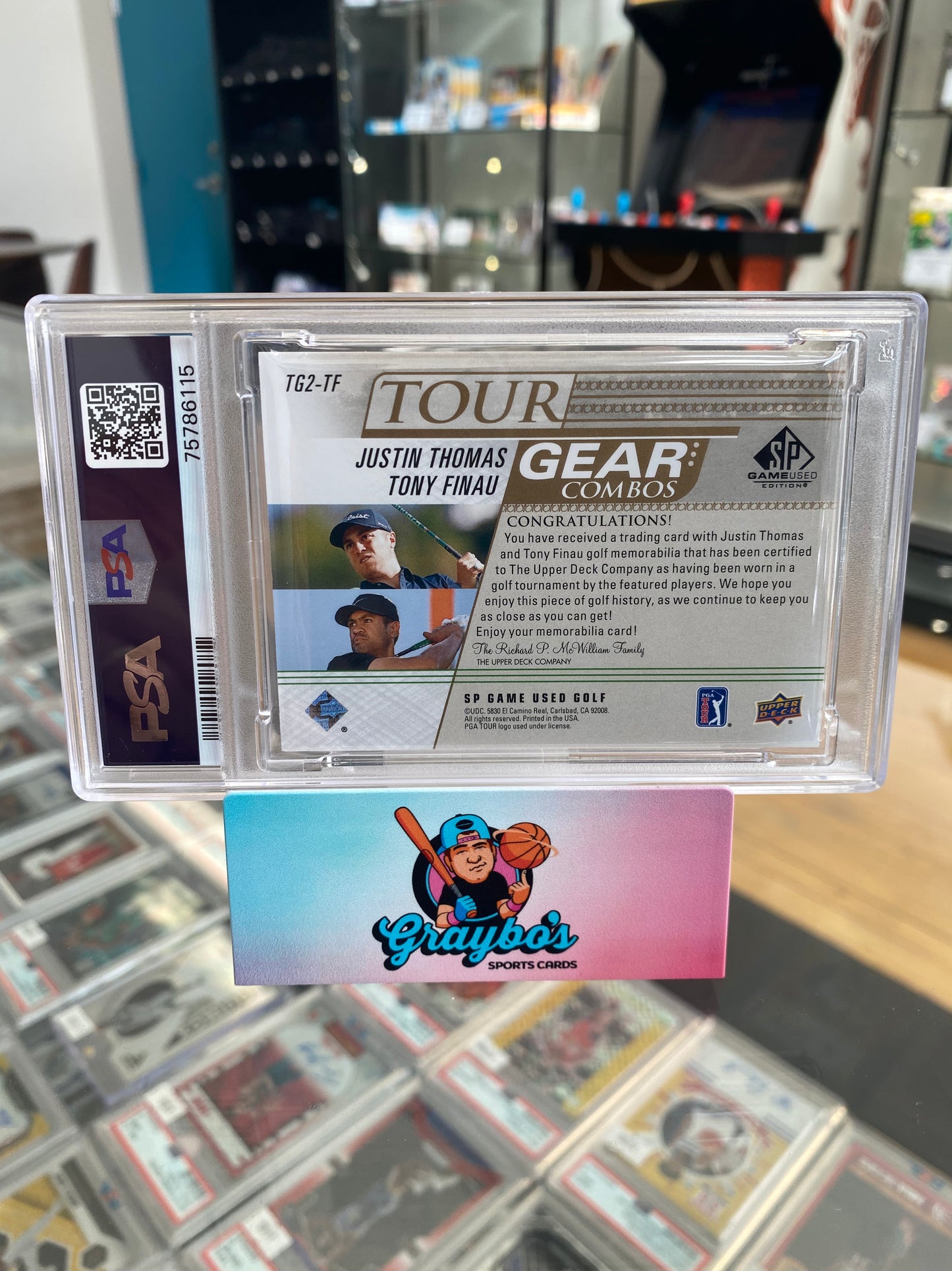 2021 SP Game Used Tour Gear Combos Gold Justin Thomas & Tony Finau /99 PSA 9