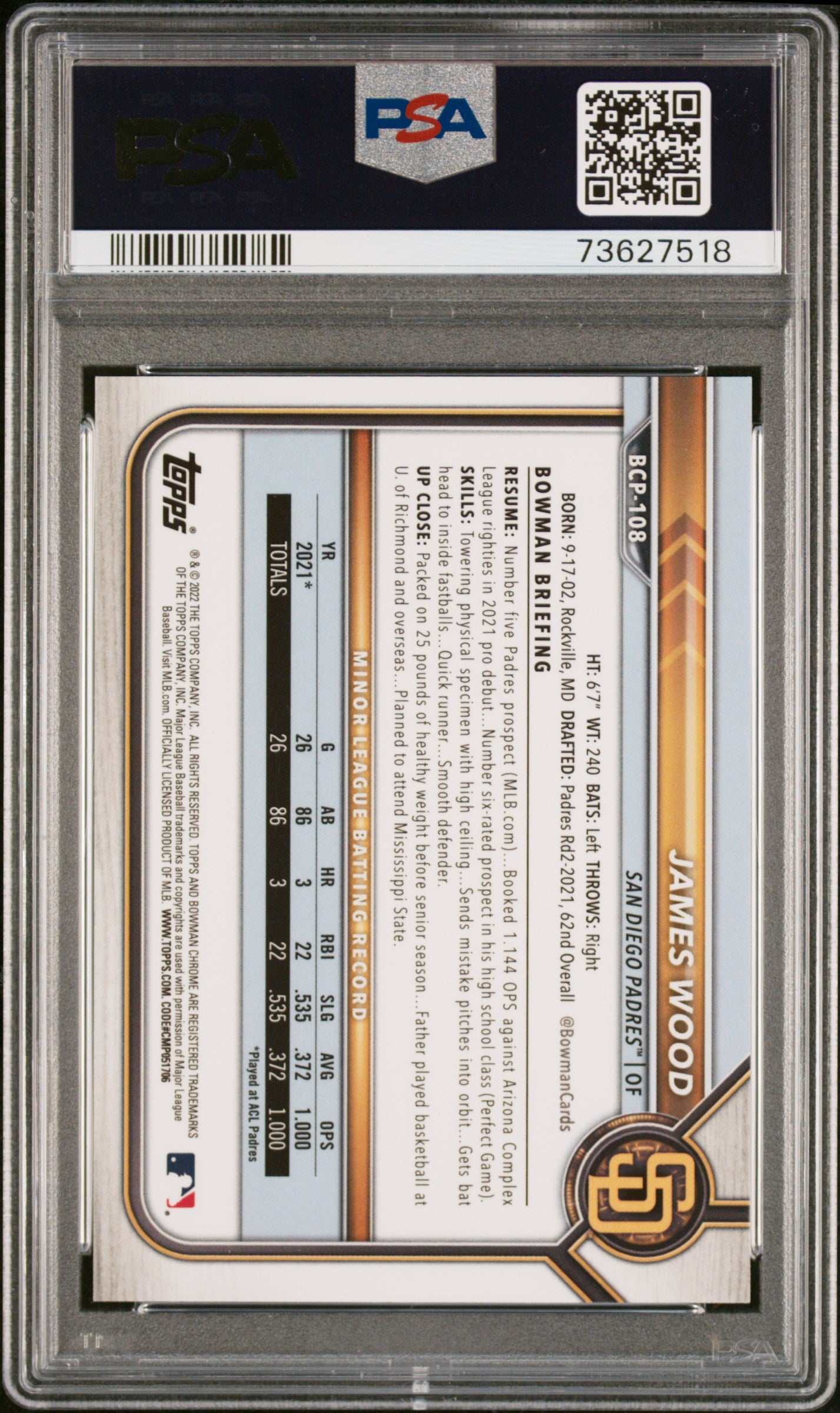 2022 Bowman Chrome Prospects James Wood #BCP108 Green Refractor 18/99 PSA 9
