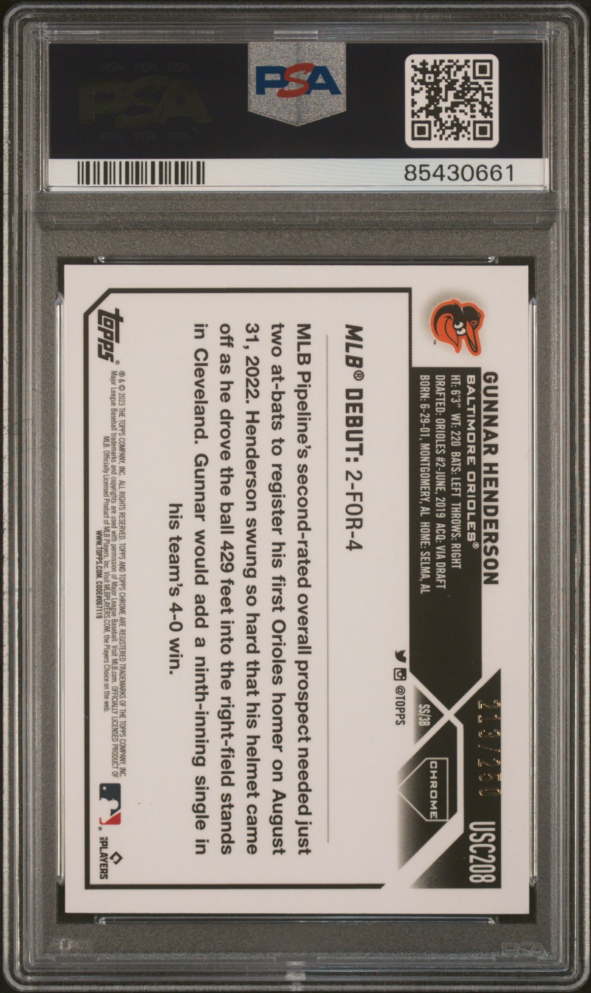 2023 Topps Chrome Update Gunnar Henderson #USC208 Purple Refractor PSA 10