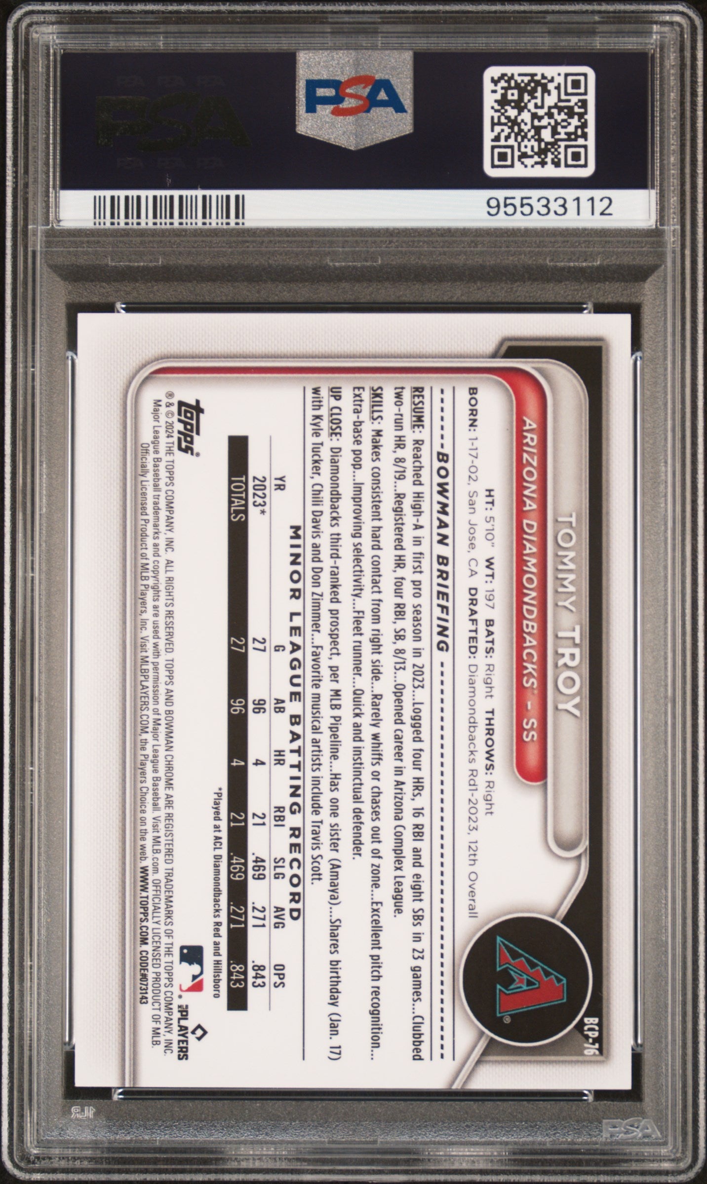 2024 Bowman Sapphire Edition Chrome Prospects Tommy Troy Chrome Black PSA 9