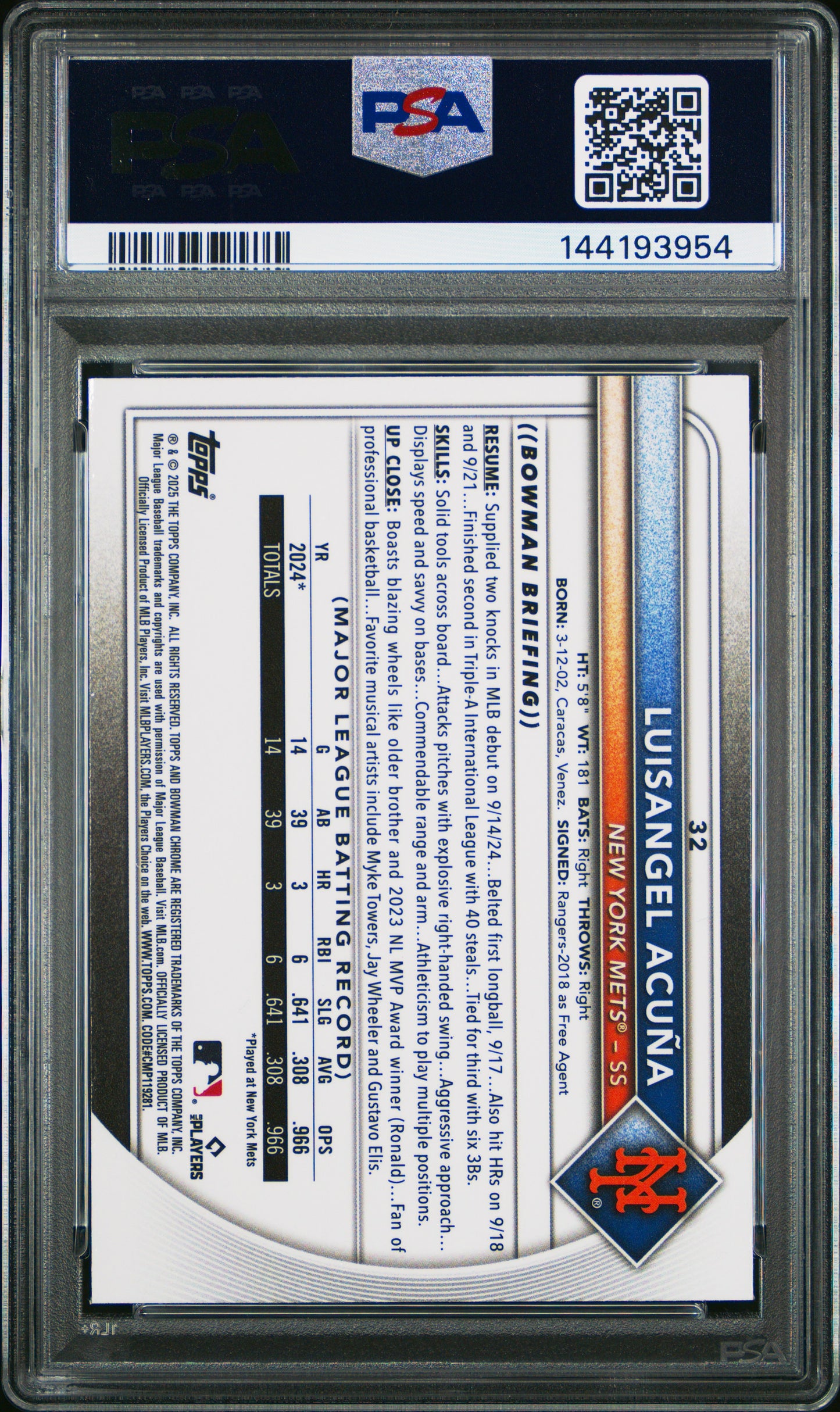 2025 Bowman Chrome Luisangel Acuna #32 Red Rookie Redemption PSA 10