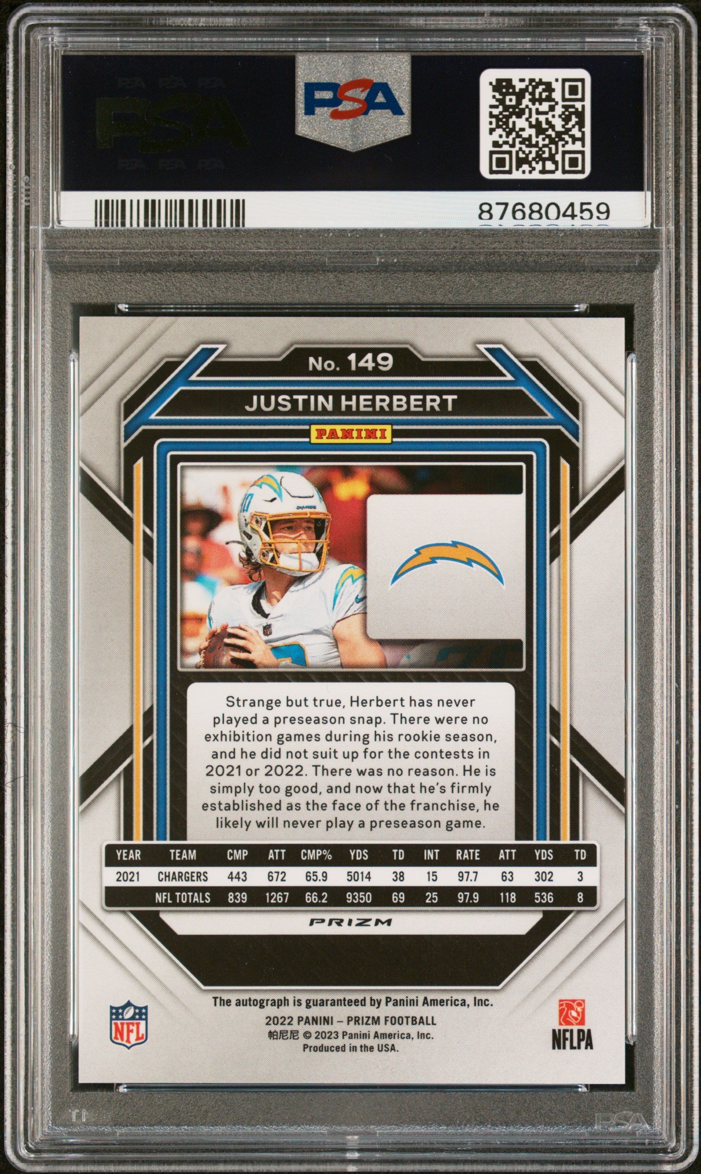 2022 Panini Prizm Justin Herbert #149 Autograph PSA 9