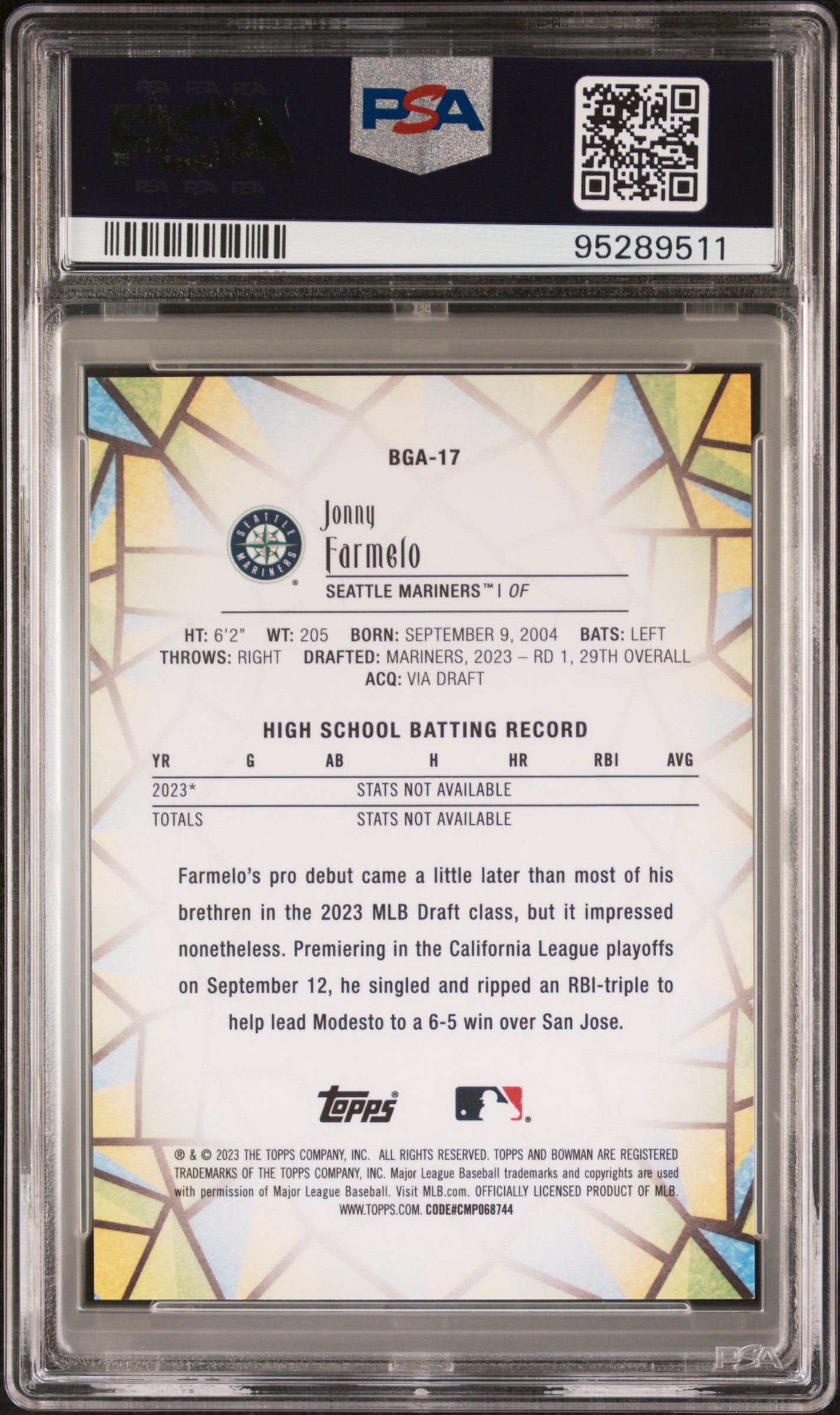 2023 Bowman Draft Bowman Glass Jonny Farmelo #BGA17 PSA 9