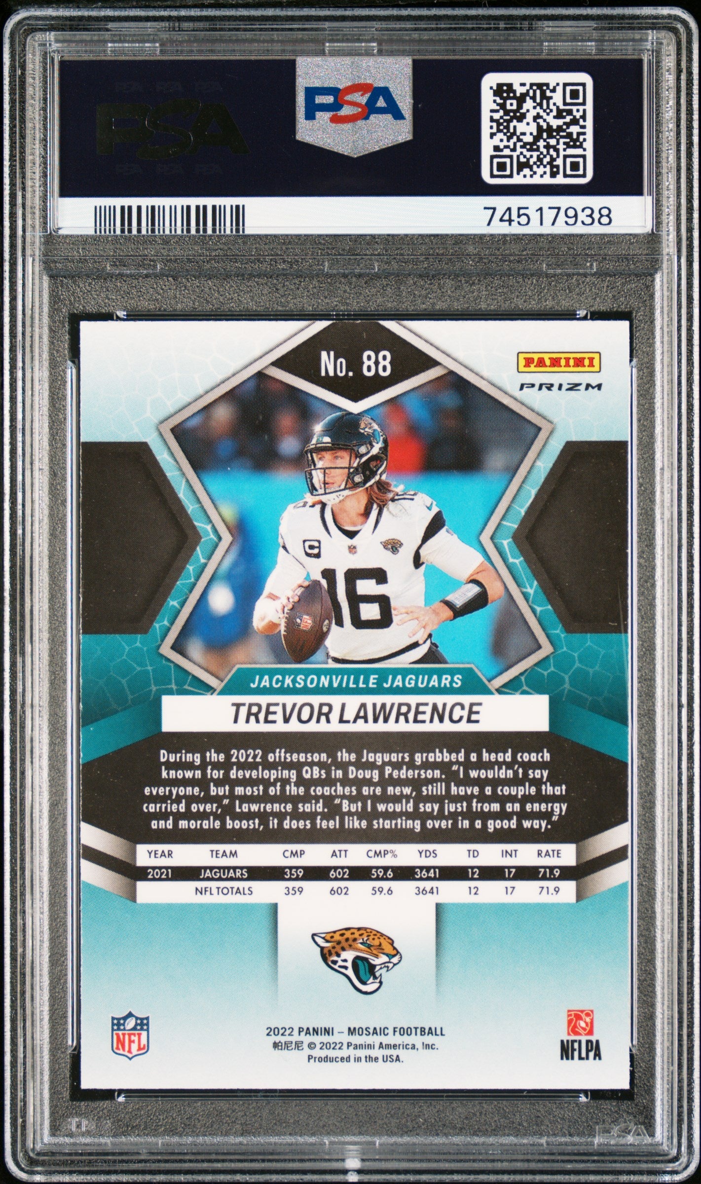 2022 Panini Mosaic Trevor Lawrence #88 Reactive Orange PSA 10