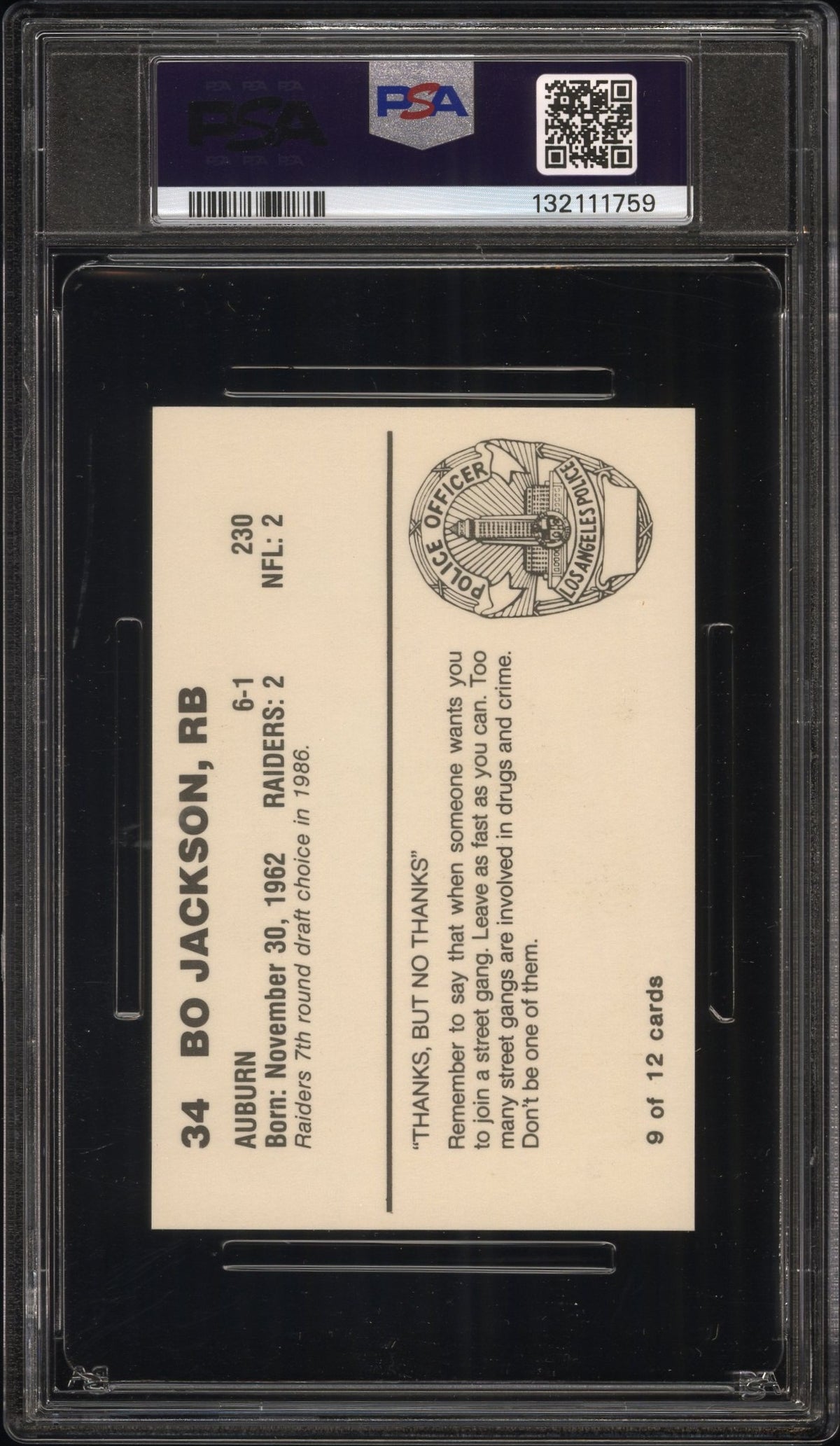 1988 Raiders Police Bo Jackson #9 PSA 9