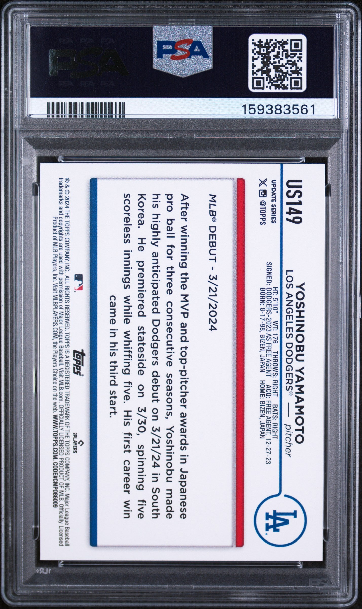 2024 Topps Update Yoshinobu Yamamoto #US149 PSA 9