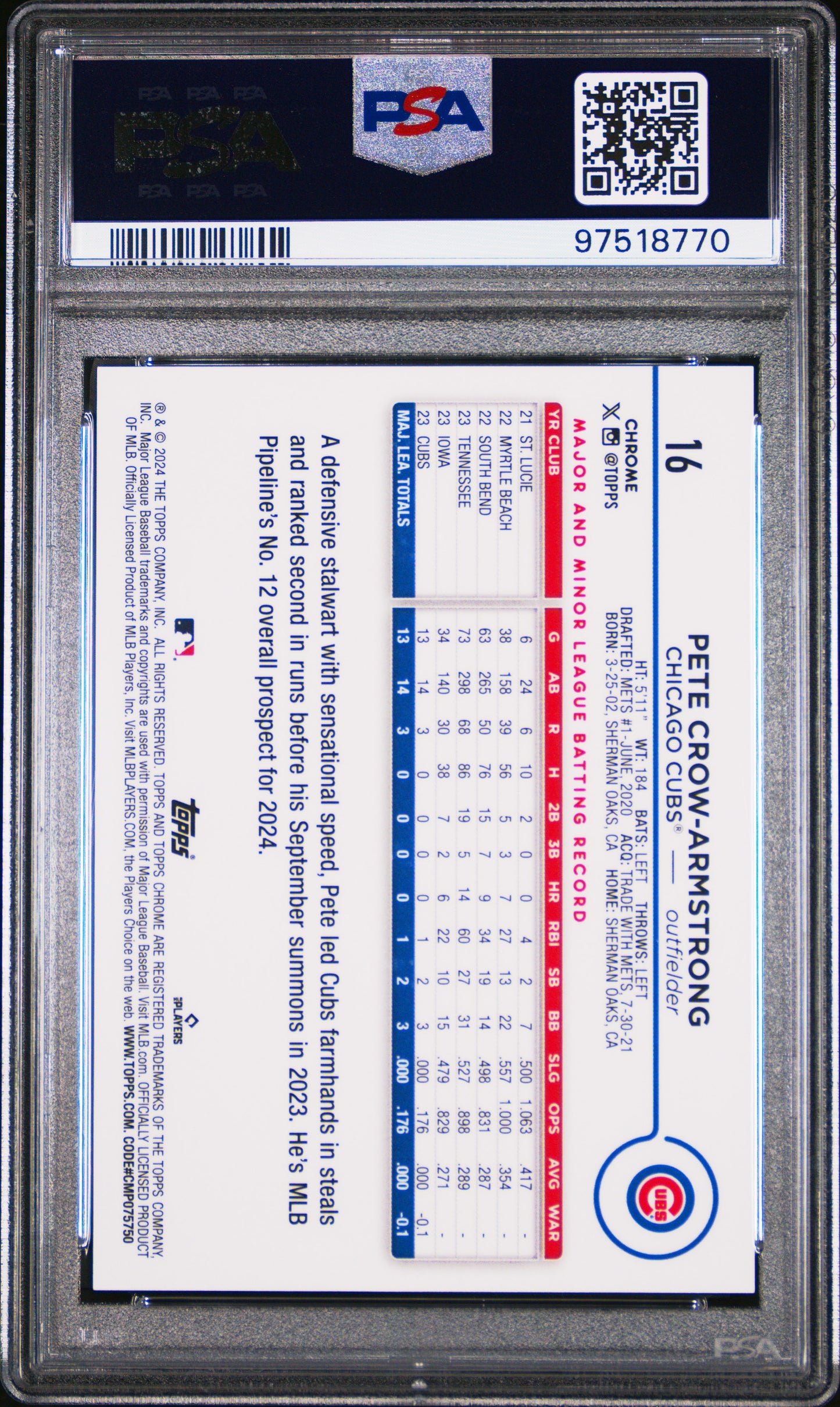 2024 Topps Chrome Pete Crow-Armstrong #16 Variation PSA 9
