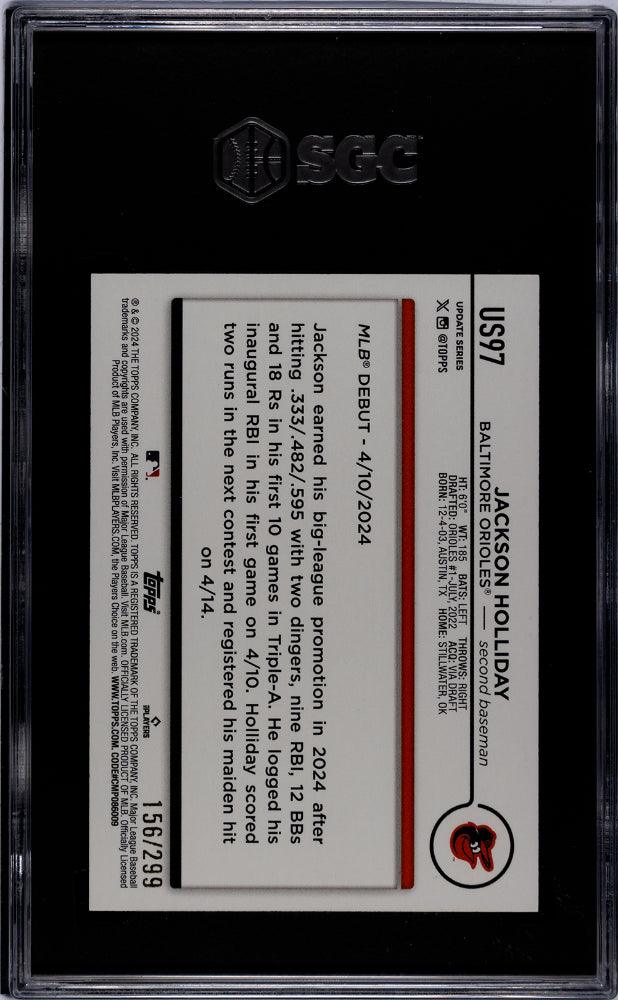2024 Topps Update Jackson Holliday #US97 Orange Crackle Foilboard SGC 10